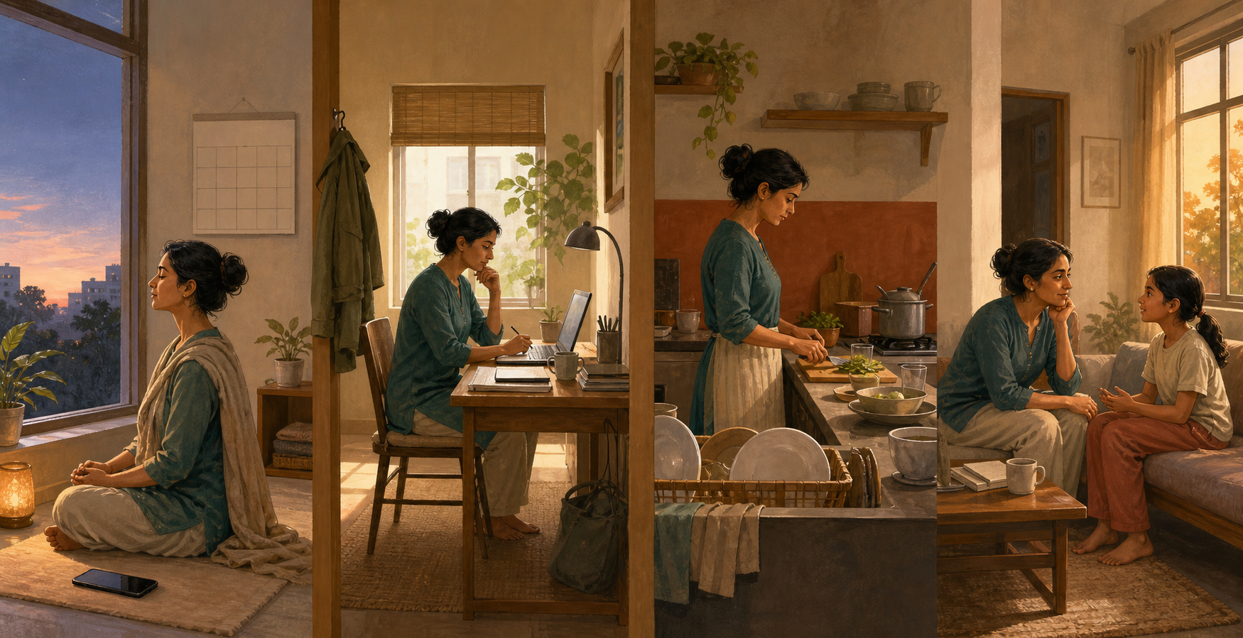 The same adult is shown meditating, working at a desk, preparing food, and listening to a family member across different moments in a contemporary home.