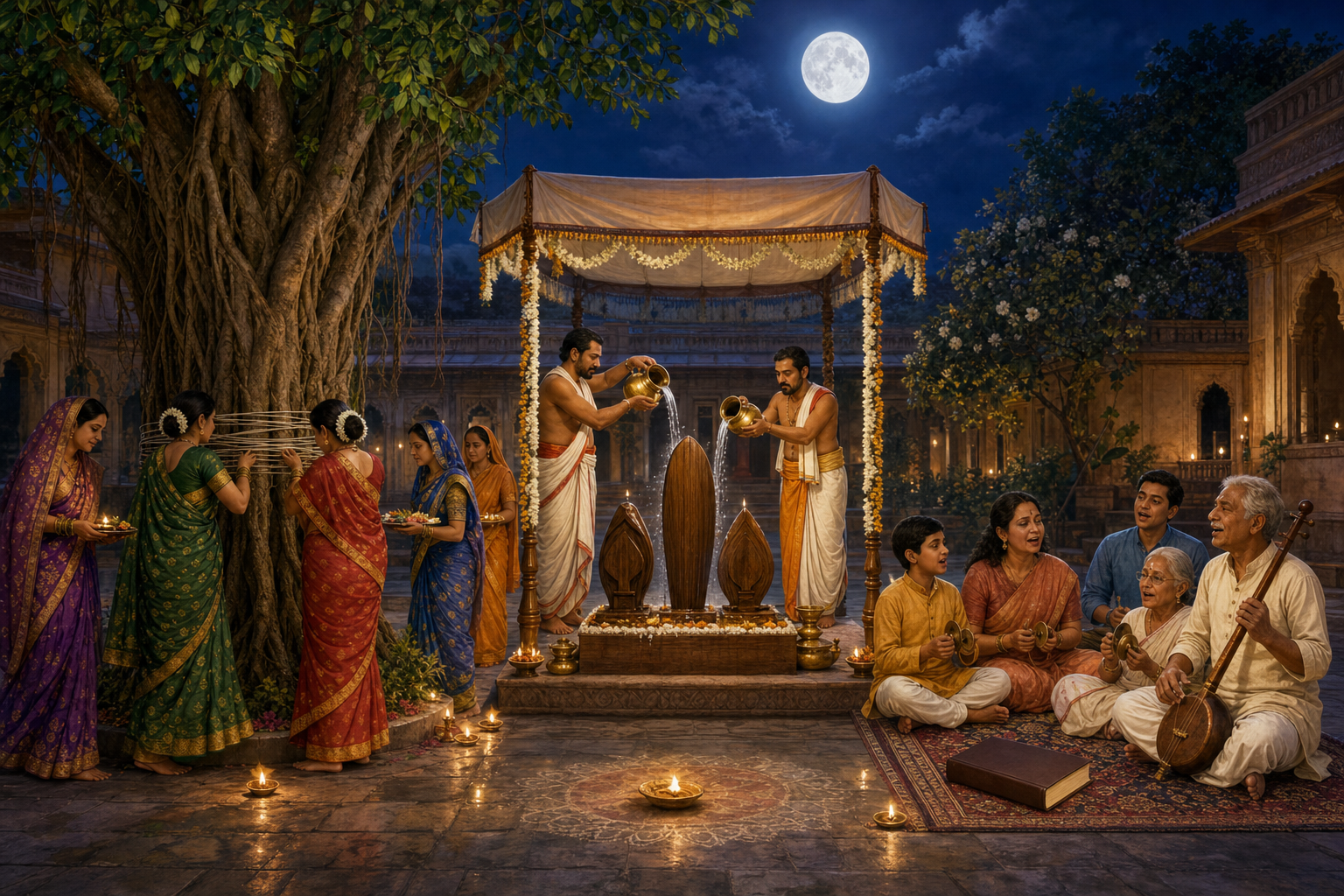 A moonlit courtyard scene shows worship at a banyan tree, a ritual water bathing of wooden sacred forms, and a small devotional singing gathering.