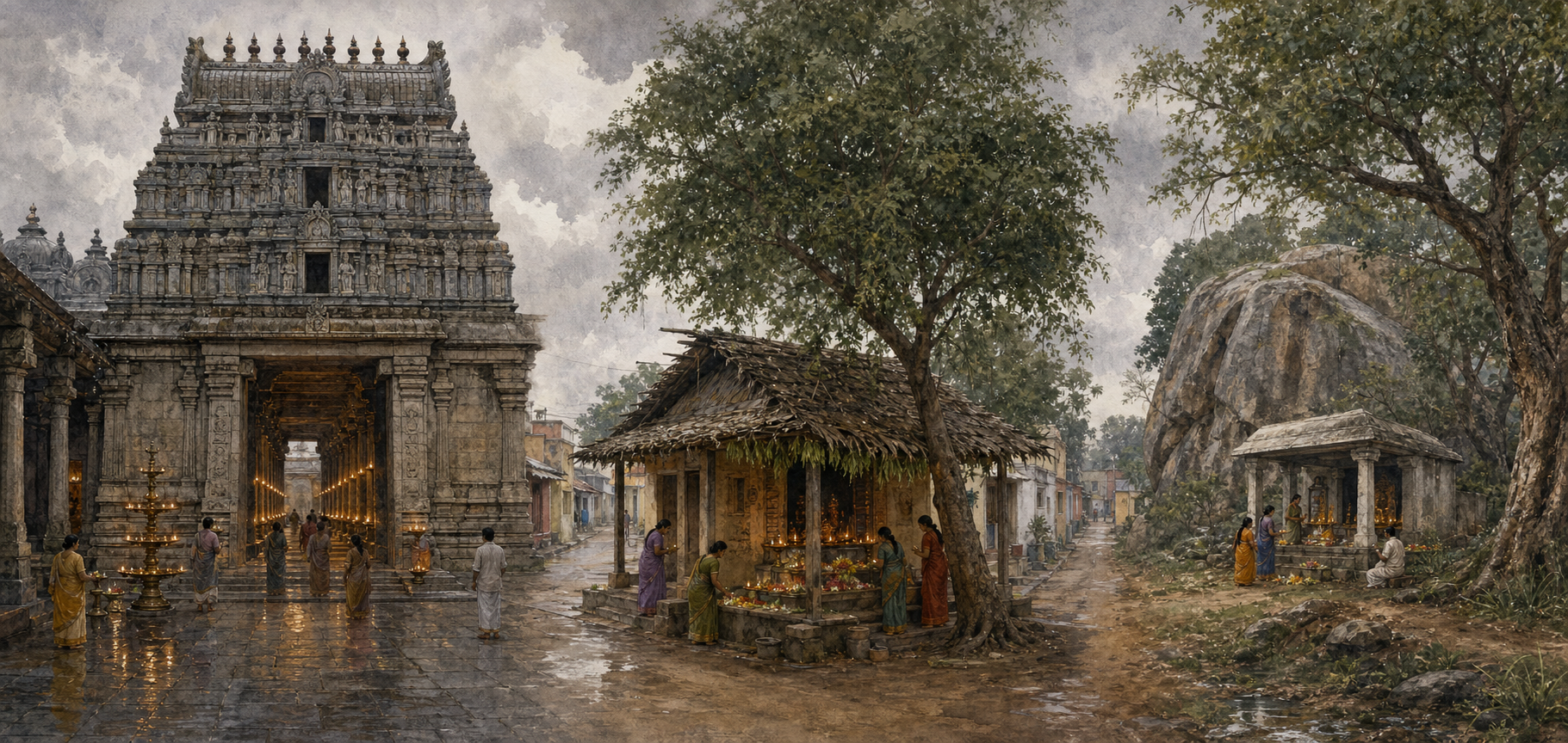 Three illustrated vignettes show a large stone temple, a compact palm-roofed urban shrine and a rural sanctuary beside trees and rock.