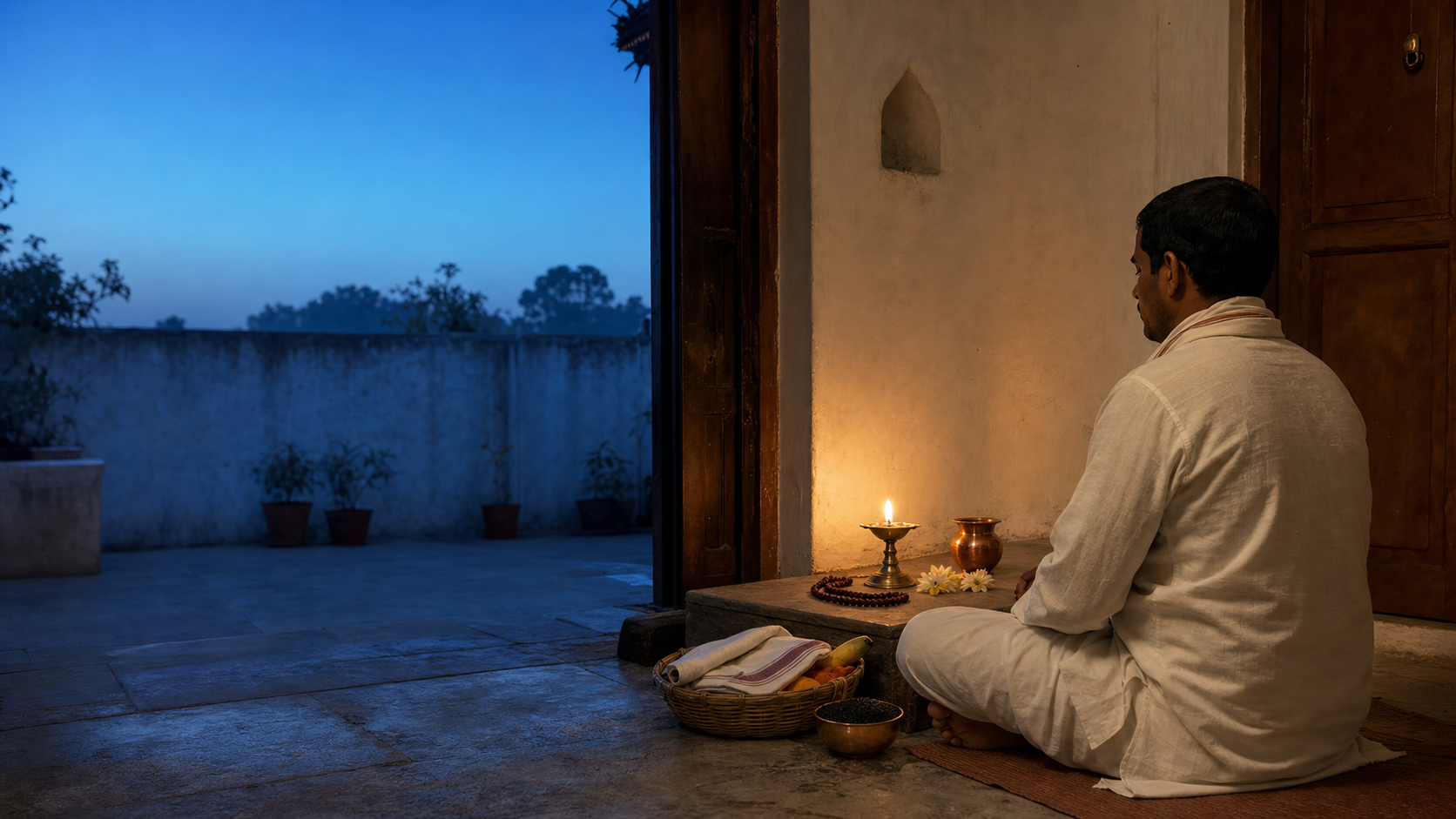 A devotee meditates beside a lit brass lamp, water vessel, flowers, prayer beads, and charity offerings in a moonless early-morning courtyard.