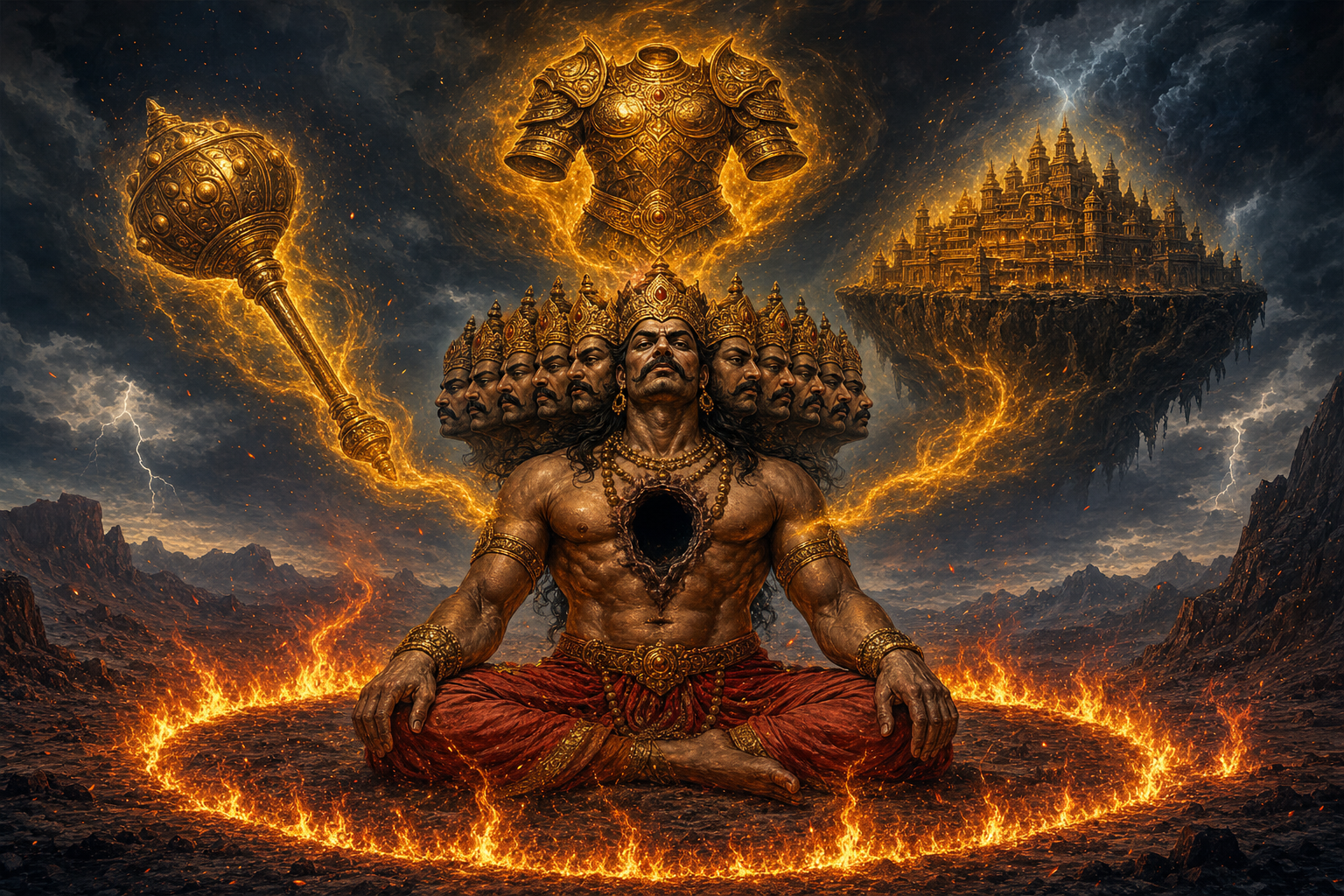 A many-headed king meditates within a ring of fire as golden energy forms weapons, armor, and a fortified realm behind him while his chest remains dark.