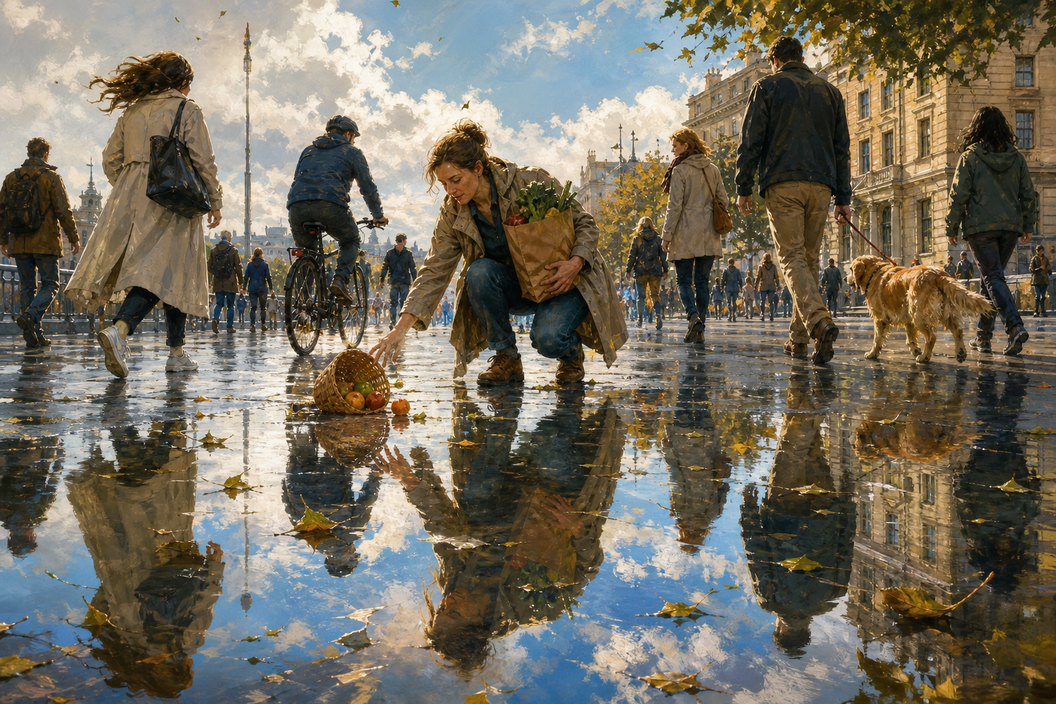 An adult helps steady a fallen basket on a busy walkway while rainwater reflects the person, nearby strangers, buildings, and sky in one surface.