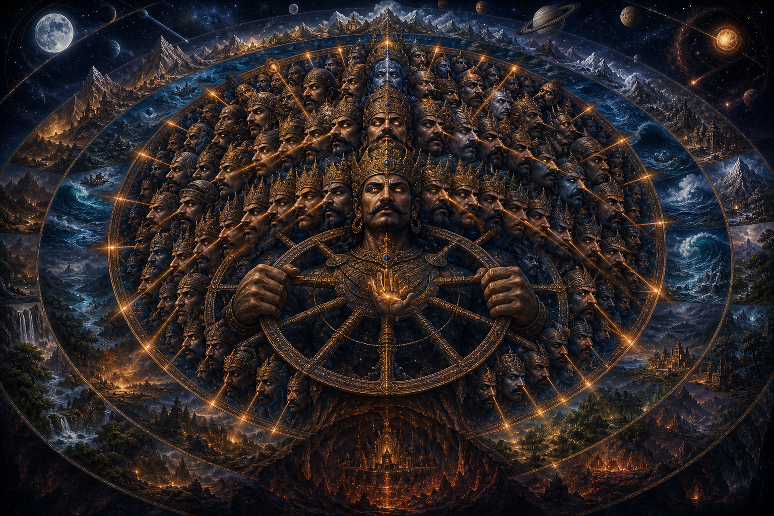 Concentric tiers of Sahasramukharavana's crowned faces look toward mountains, oceans, stars, and an underworld arranged around his central figure.