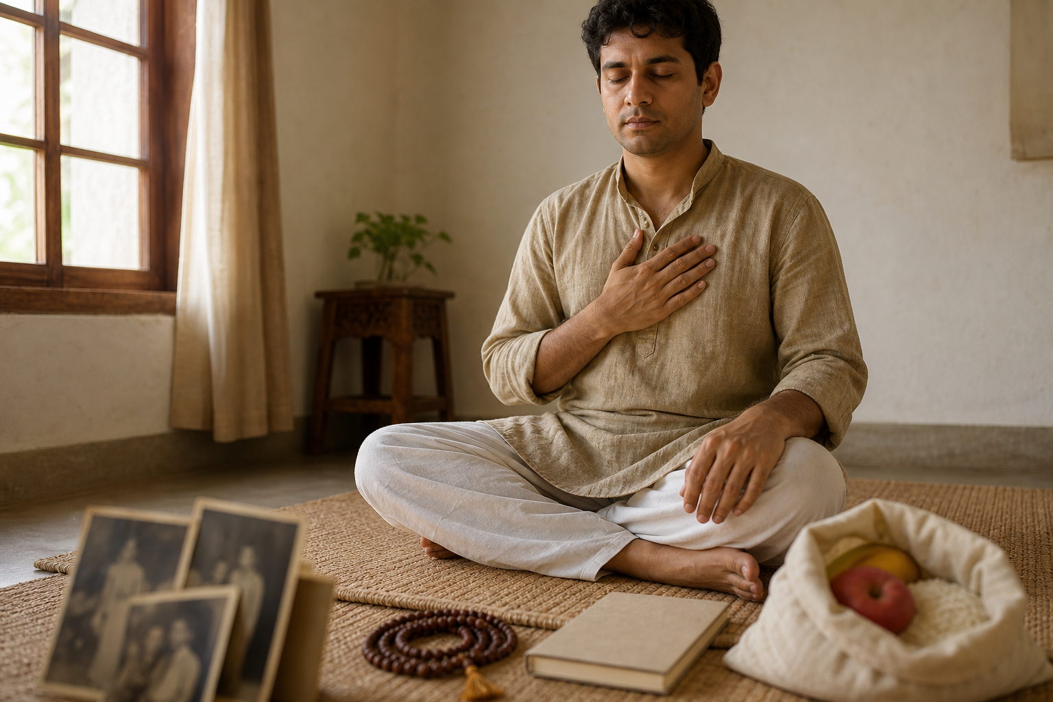 An adult pauses with eyes closed before family photographs, prayer beads, an unmarked notebook, and a bag of food for donation.