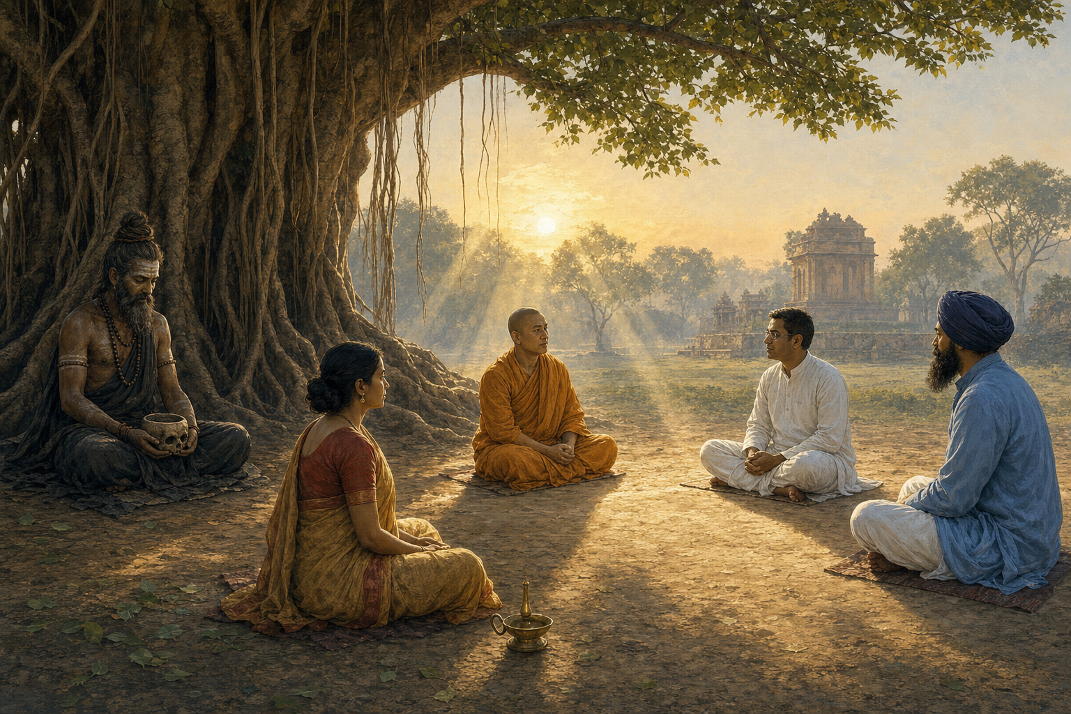 A skull-bearing ascetic sits beneath a banyan tree near a circle of Hindu, Buddhist, Jain, and Sikh participants, with separate paths of dawn light meeting on the ground.