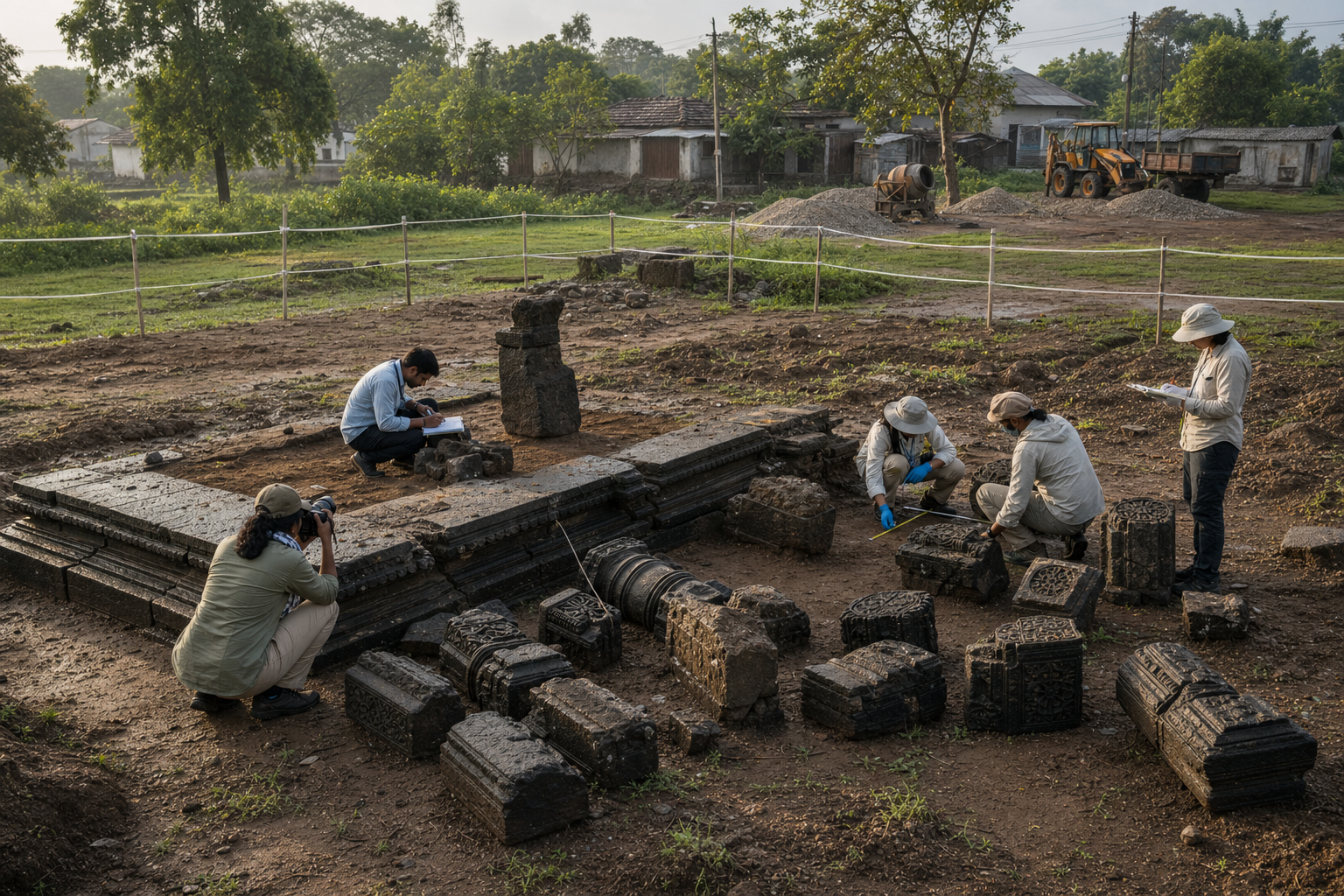 Archaeologists examine displaced carved stones and the surviving plinth of a medieval shrine beside a separated construction area in rural Telangana.