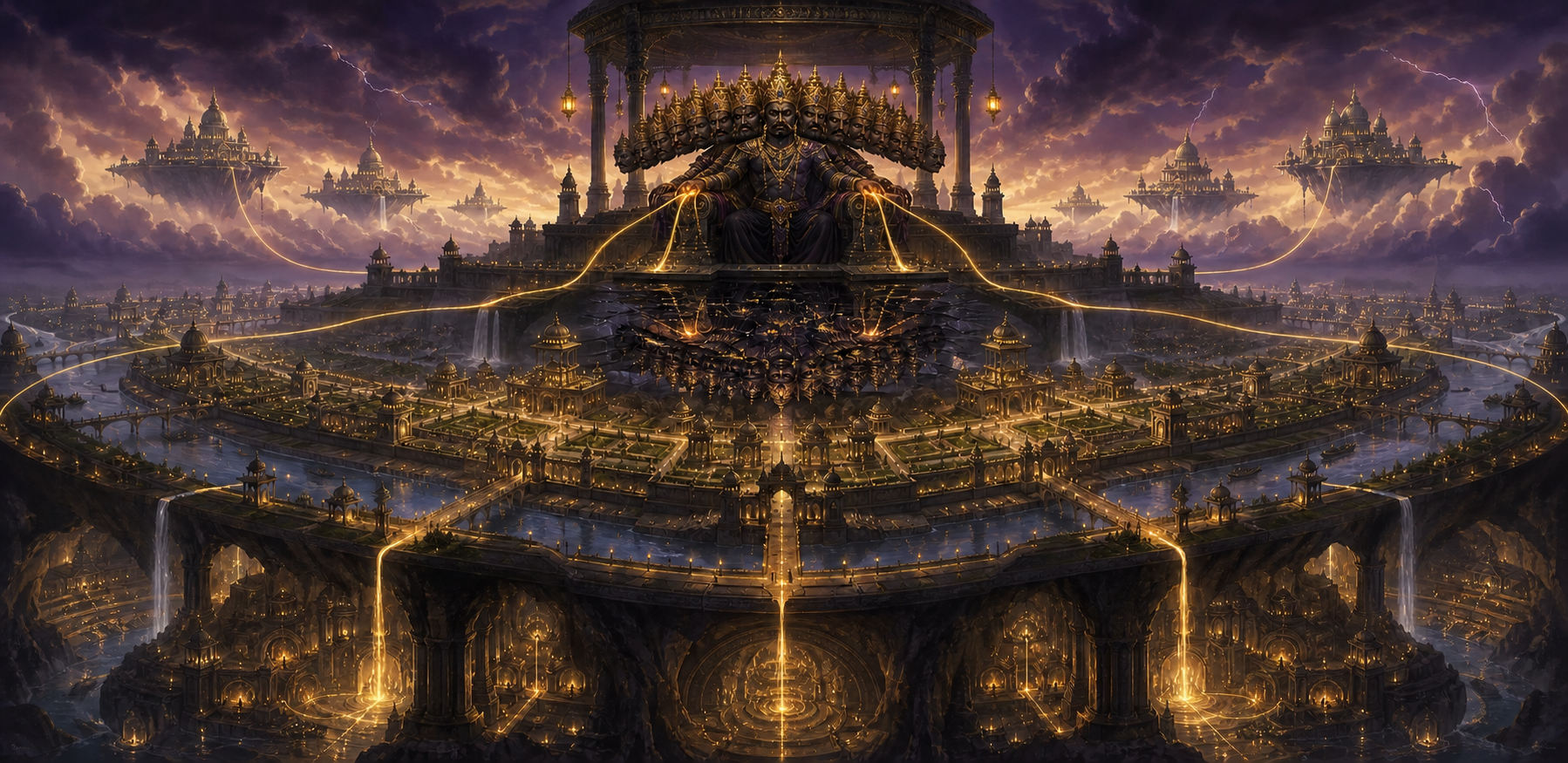 Sahasramukharavana sits above a three-tiered cosmic capital while glowing channels connect its palaces and realms to his throne and his reflection breaks across the floor.