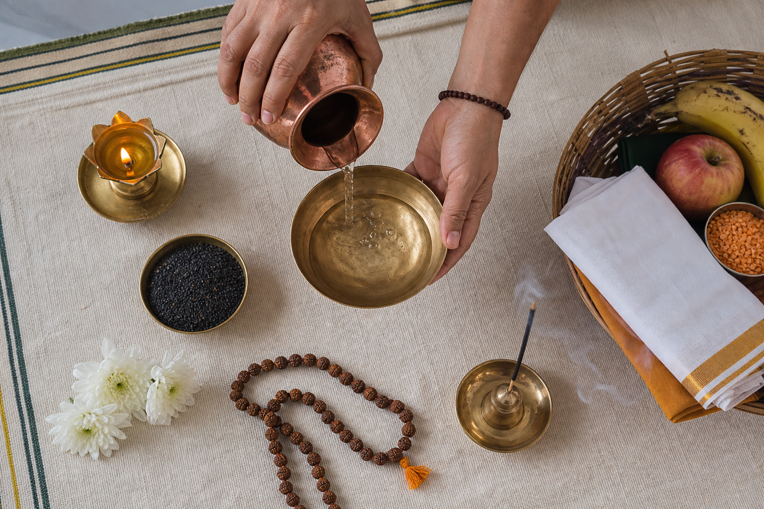 Hands pour water into a brass bowl beside a lamp, sesame seeds, flowers, prayer beads, incense, and a basket of donation items.