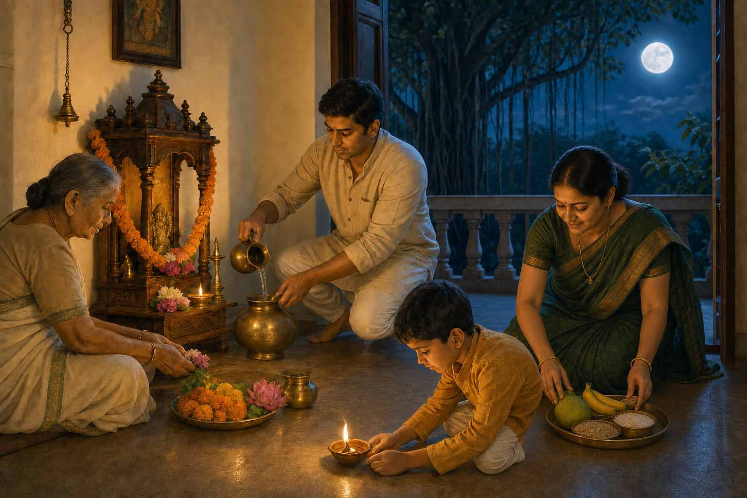 Four family members prepare flowers, fruit, water, and an earthen lamp at a simple home shrine beneath the full moon.