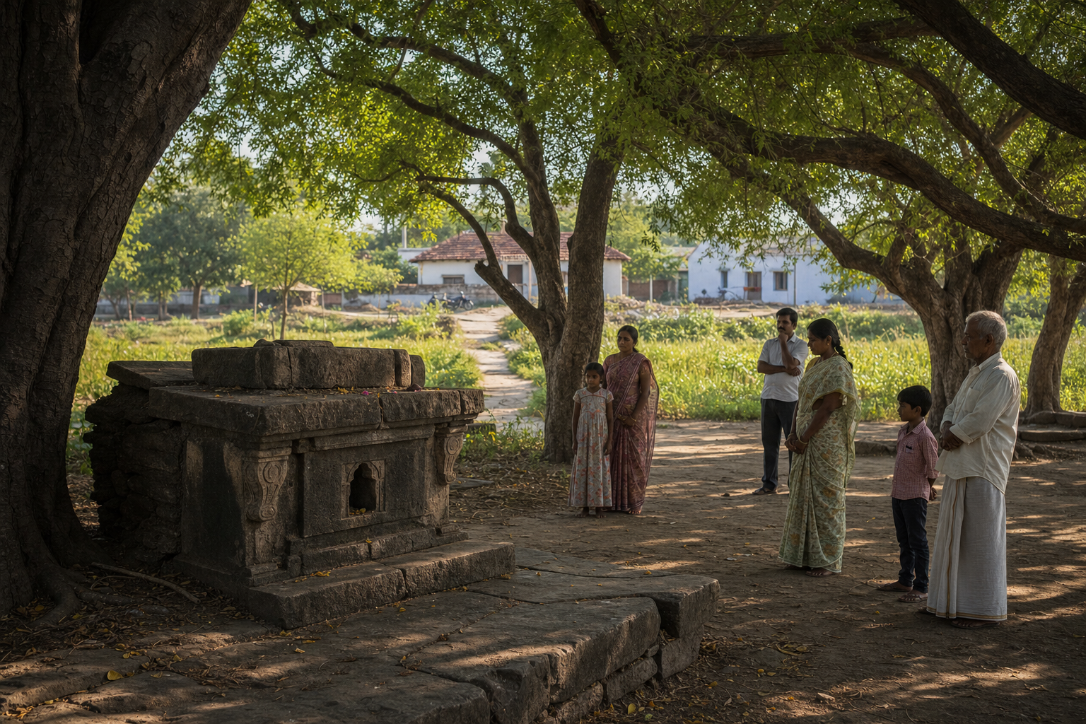 Exposed foundation traces and displaced carved stone fragments mark the former footprint of a temple in a courtyard.