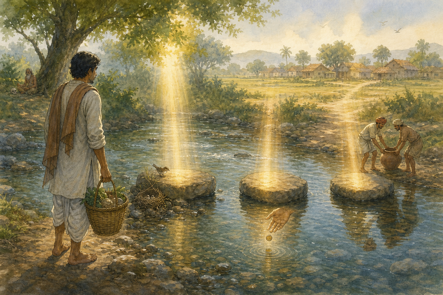 A householder with a market basket pauses before three stepping-stones marked by scenes of protecting life, releasing a coin, and helping a neighbor.