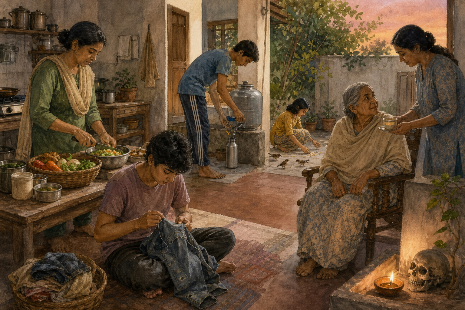 Members of a multigenerational household cook, mend clothing, conserve water, feed birds, and care for an older relative beside a small meditation alcove.