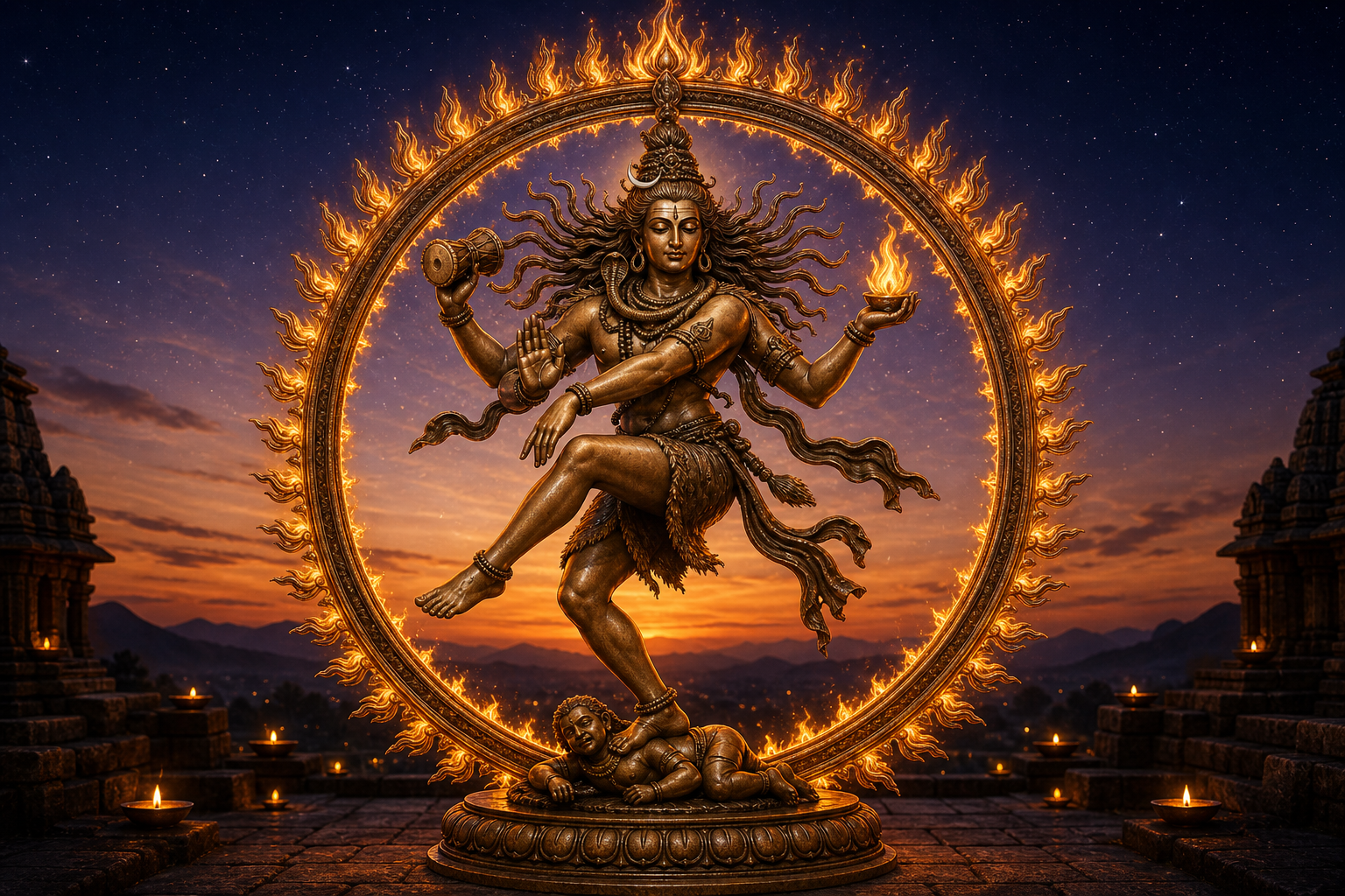 Shiva as Nataraja dances within a ring of fire on a stone temple terrace beneath an amber and indigo dusk sky.