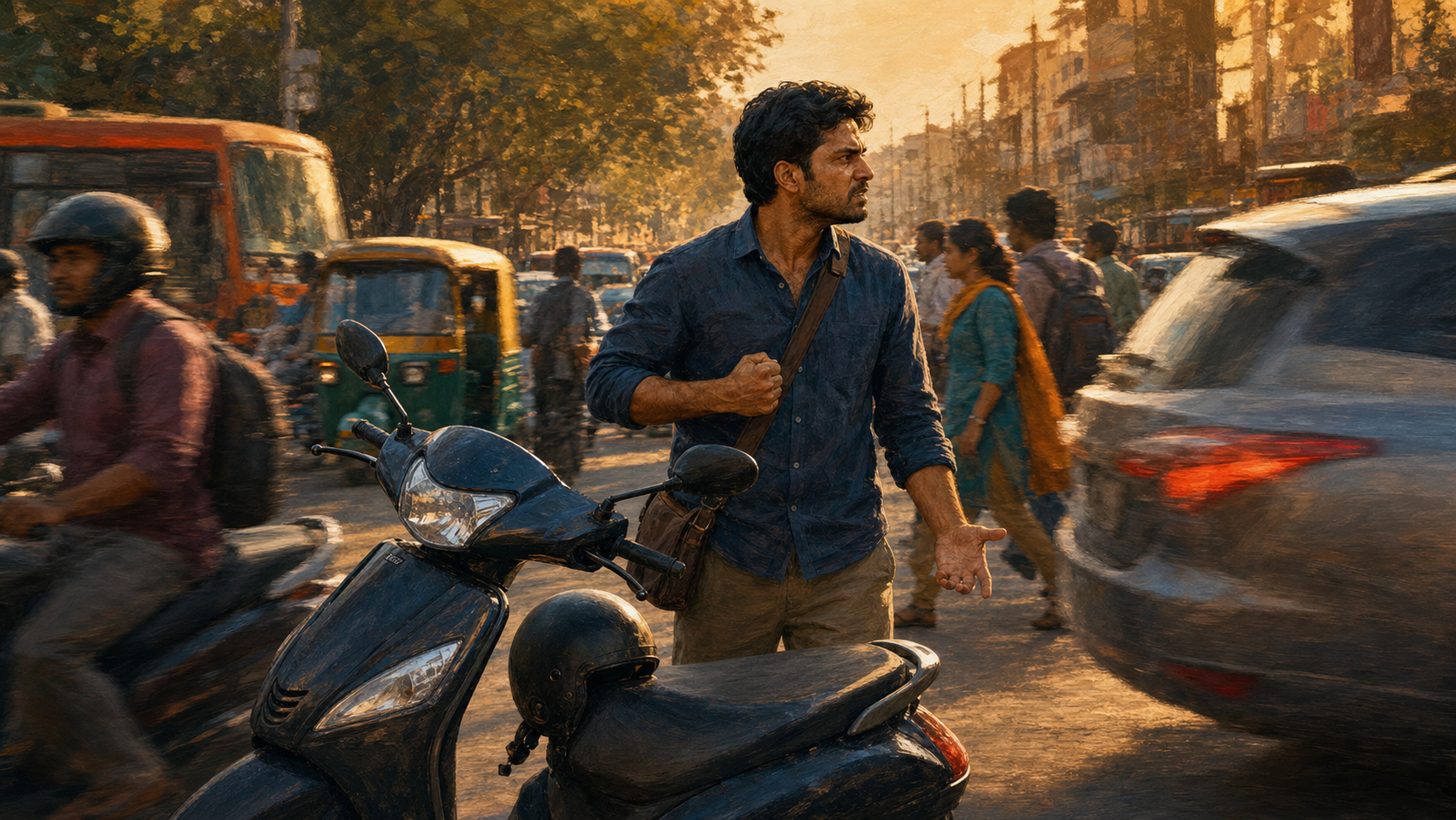 A commuter beside a scooter pauses at a busy intersection after another vehicle cuts across the lane, keeping one hand open despite a tense expression.