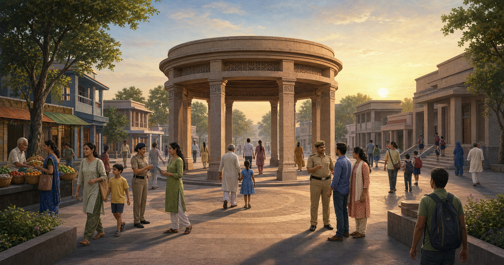 Residents move through a peaceful civic square while public officers maintain a restrained security perimeter around shops, a school, a worship space, and a polling entrance.