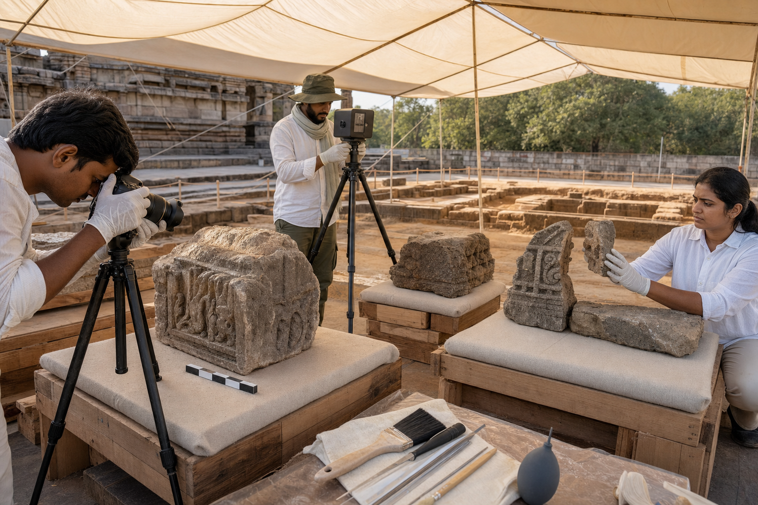 Archaeologists photograph, measure, and compare separated carved temple stones beneath a protective canopy.