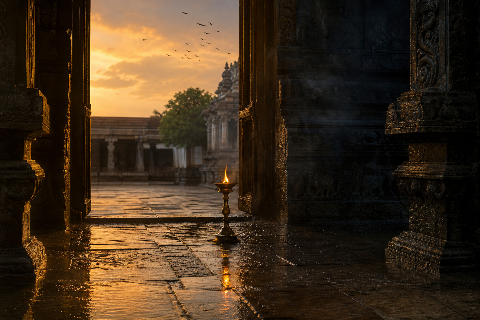 A lit brass oil lamp stands where golden sunset light meets blue evening shadow in a stone temple courtyard.