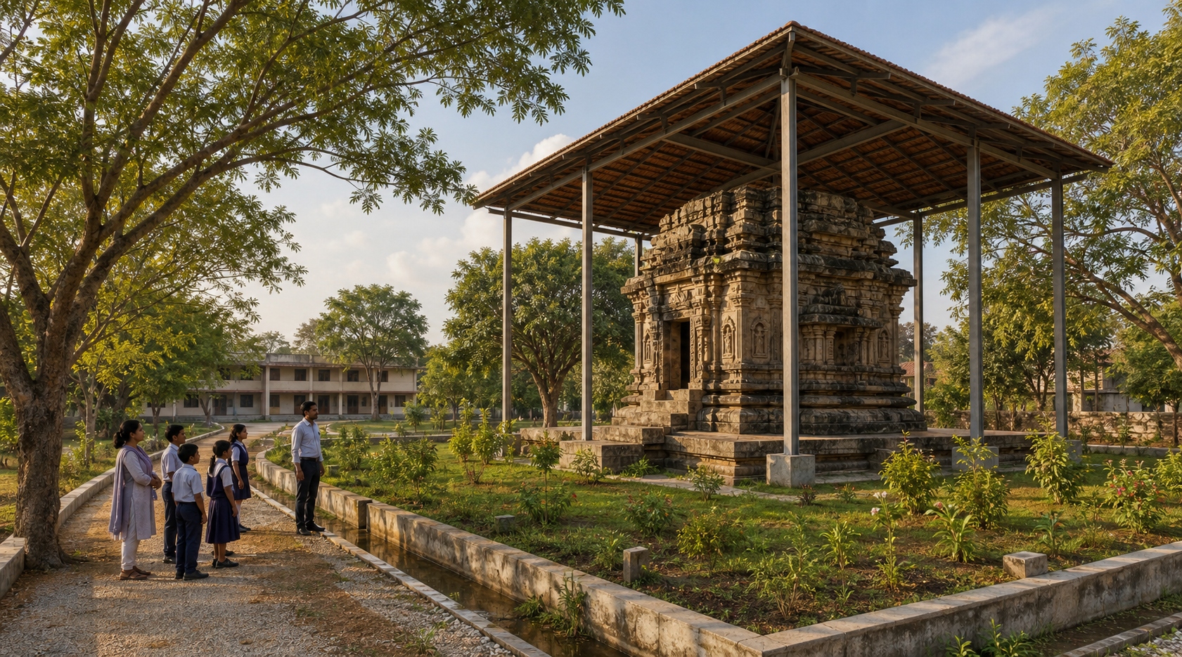 A conserved stone temple occupies a protected garden area beside a school, where teachers and children view it from a path.