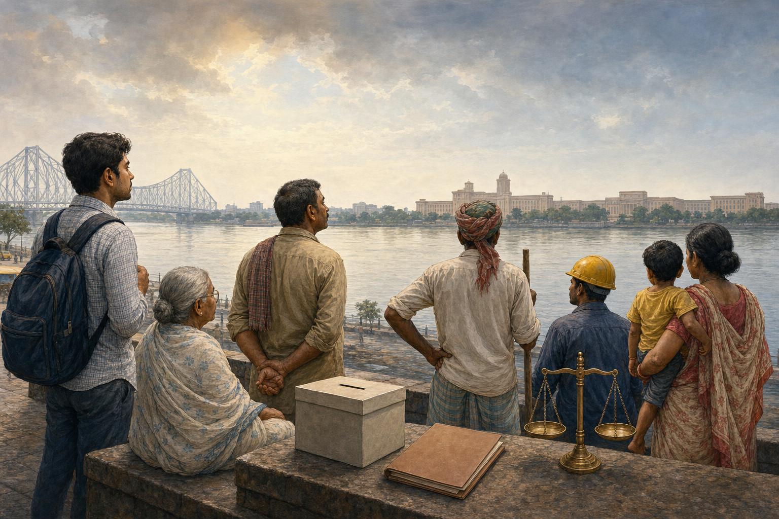 A diverse group of West Bengal residents looks across the Hooghly River toward government buildings at dawn, with a ballot box, file, and balance scale nearby.