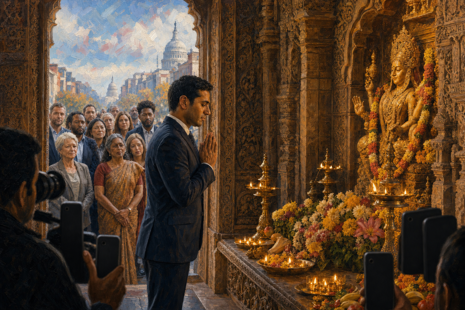 A fictional political candidate prays with folded hands inside a lamp-lit Hindu temple as citizens and news cameras observe from the doorway.