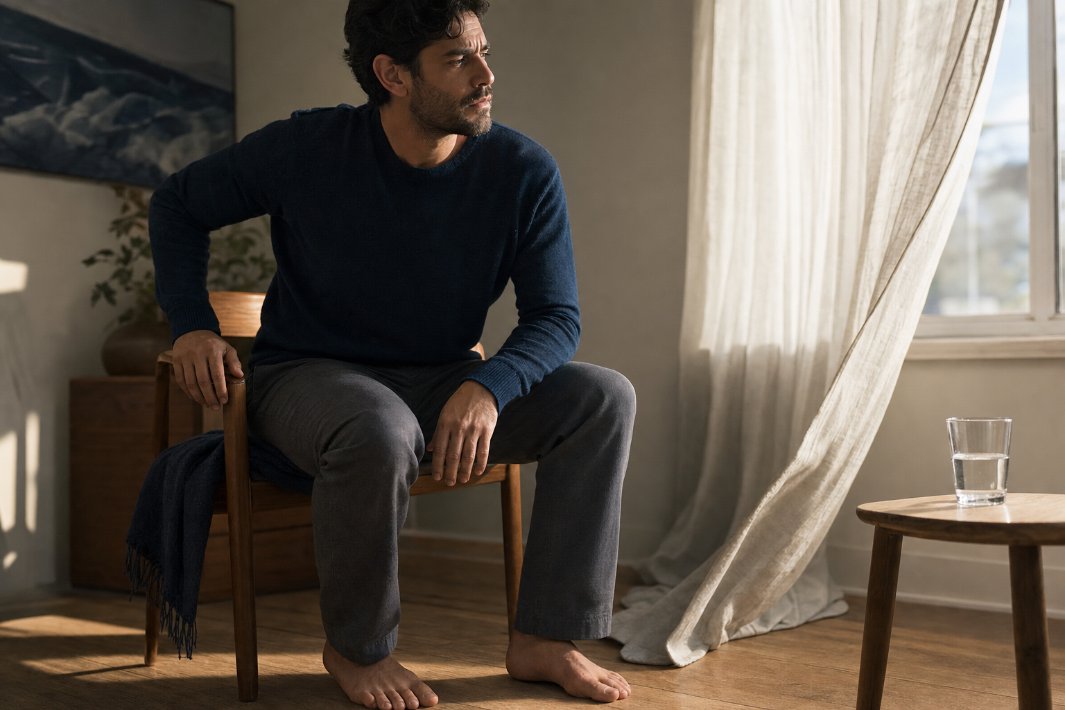 A seated person with a tense expression loosens their grip on a chair and pauses to breathe in a softly lit room.