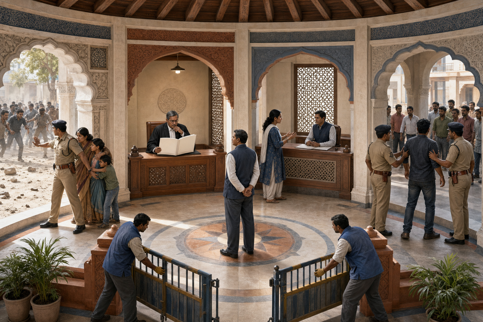 Five connected scenes in a civic hall show protection, official review, a citizen complaint, restraint toward bystanders, and the removal of a temporary barrier.