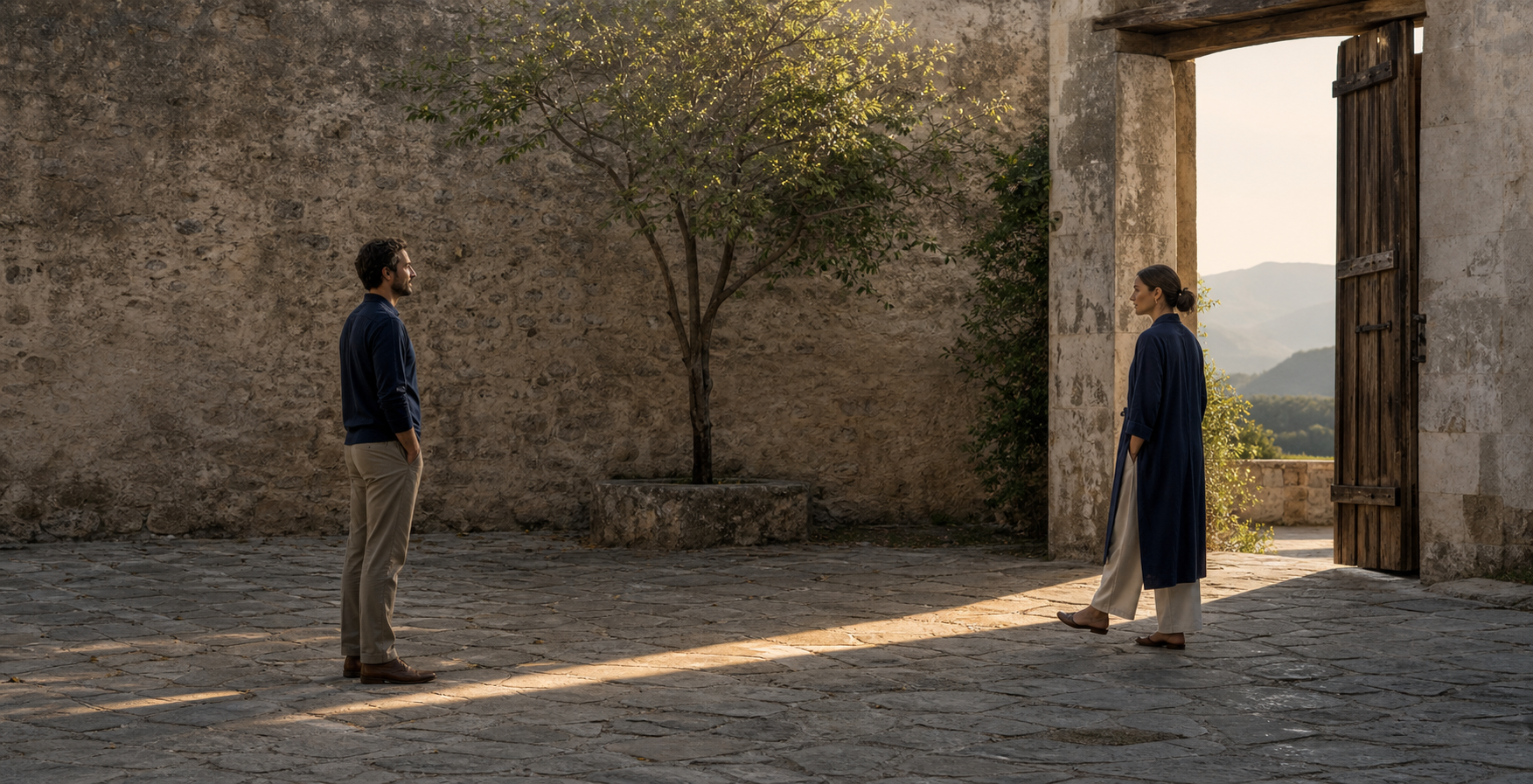 Two adults stand apart in a quiet courtyard as one steps back across a band of morning light near an open gate.