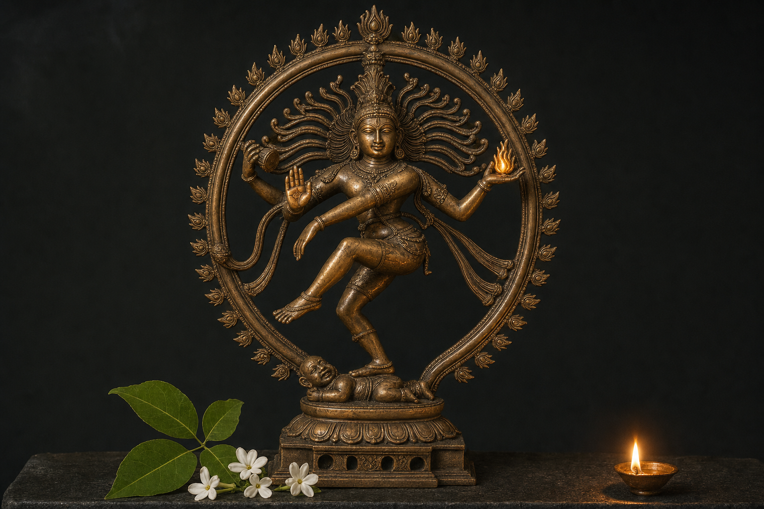 A bronze Nataraja murti on a stone altar displays a drum, flame, open palm, pointing hand, and raised foot beside bilva leaves and jasmine.