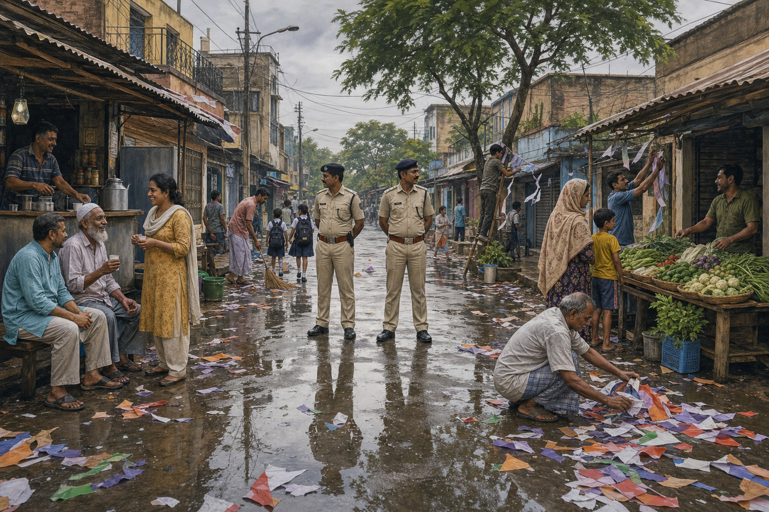 Police officers stand on a peaceful West Bengal neighborhood street as residents reopen shops and sweep away unmarked campaign debris.