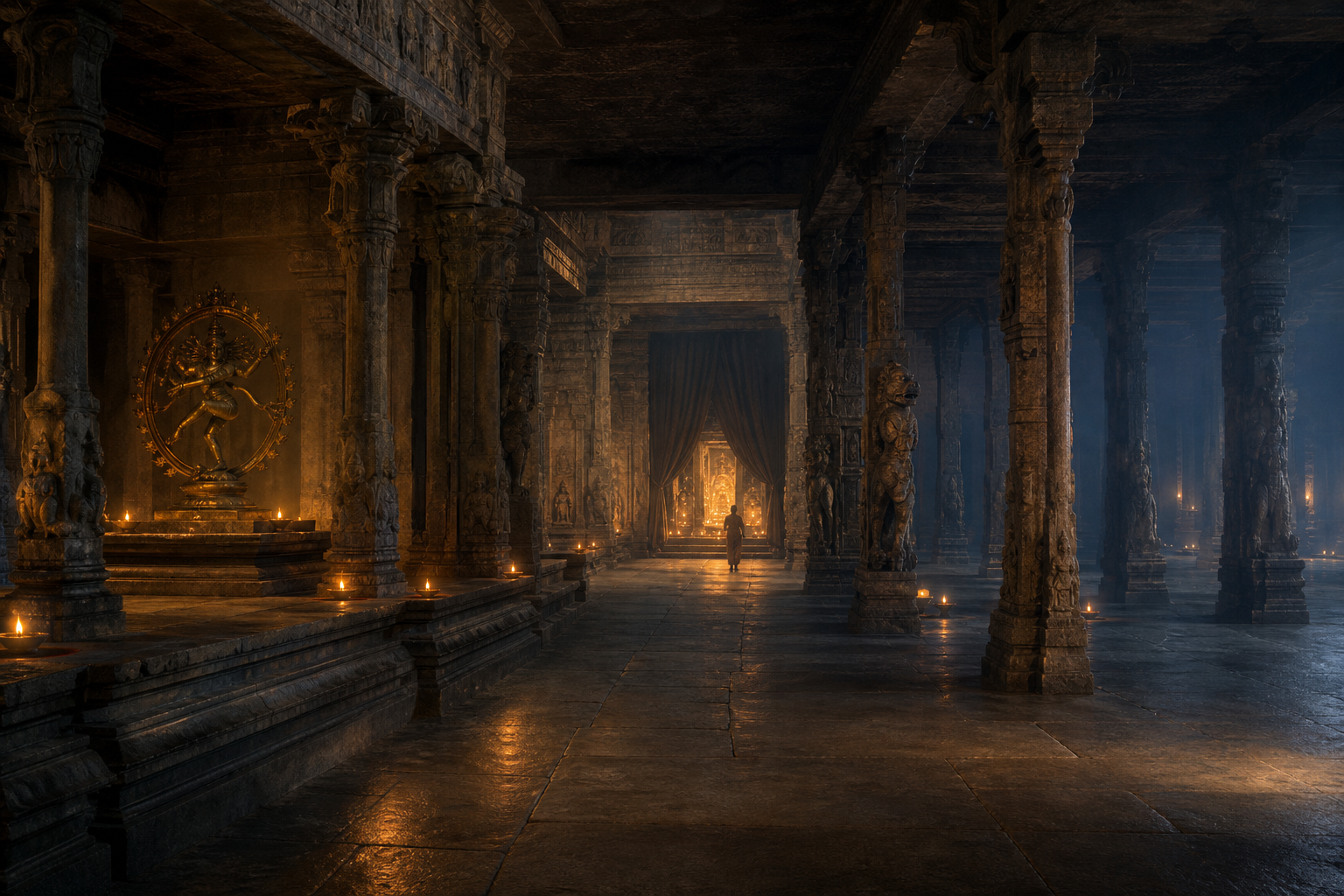 An evening temple hall with granite pillars, oil lamps, a bronze dancing Shiva shrine, and a quiet curtained inner threshold.