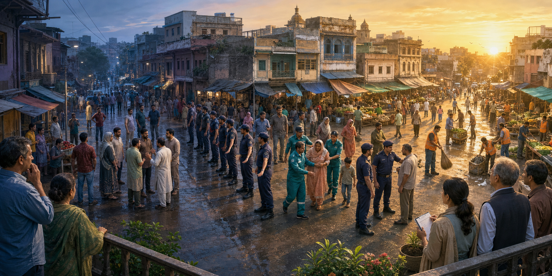 A panoramic neighborhood scene moves through early warning, mediation, protective deployment, evacuation, stabilization, and the reopening of a public market.