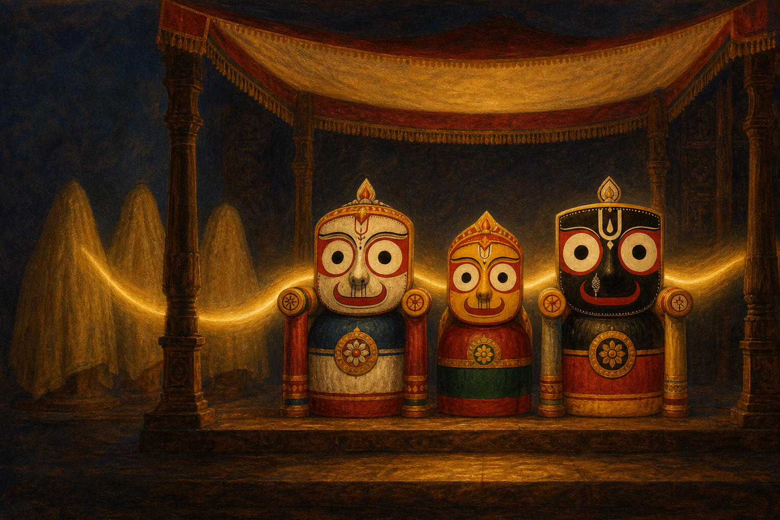 Newly carved forms of Jagannath, Balabhadra, and Subhadra stand in lamplight while older cloth-veiled forms recede into shadow, joined by a continuous golden glow.