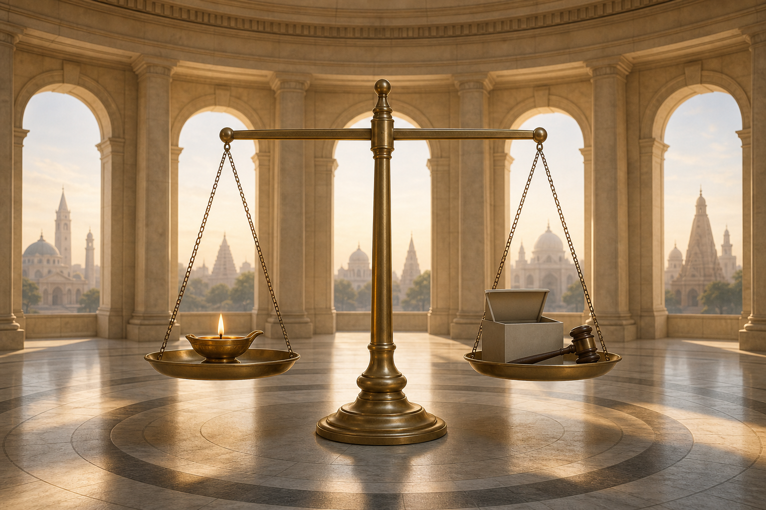 A balanced scale holds a lit Hindu oil lamp opposite civic objects in a sunlit courthouse rotunda.