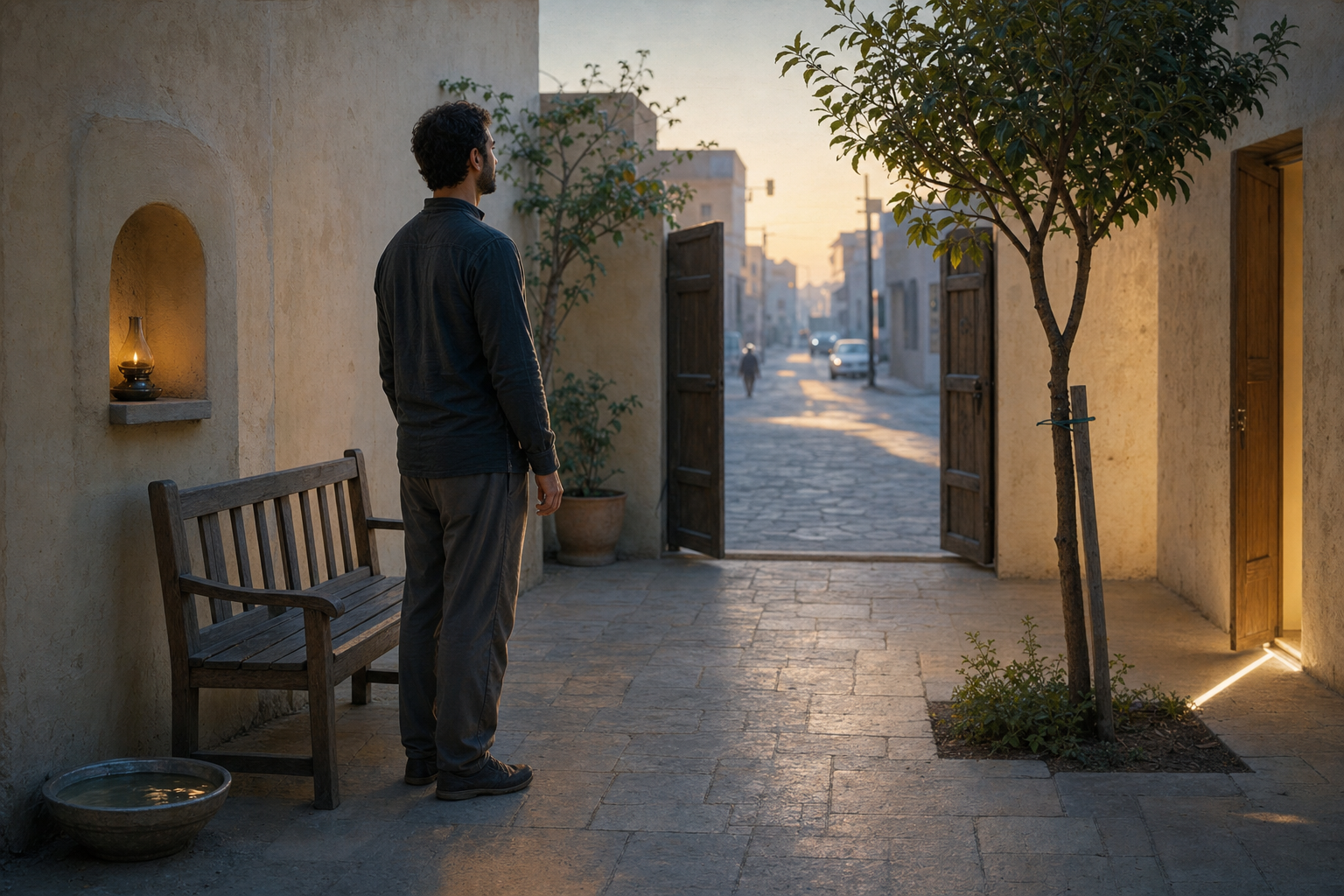 A person practices a quiet standing pause in a dawn courtyard beside a lamp, a bowl of water, a supported young tree, and an open doorway.