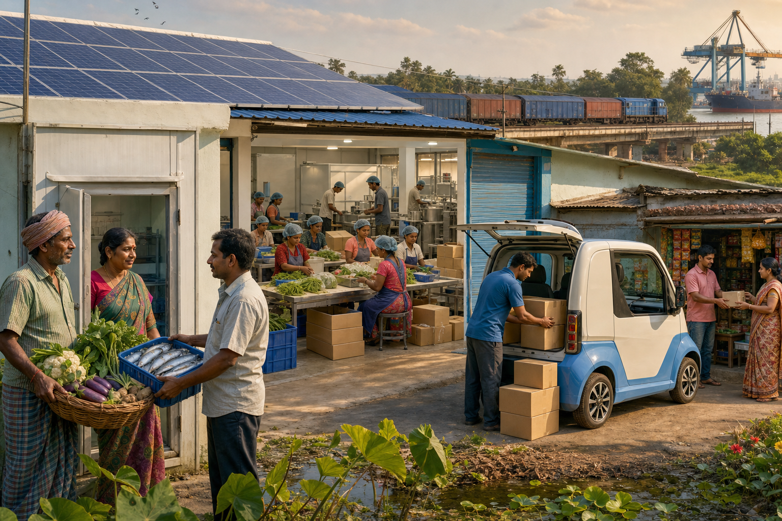 Farmers, fishers, factory workers, technicians, a driver, and a shopkeeper form a connected West Bengal employment and supply chain.
