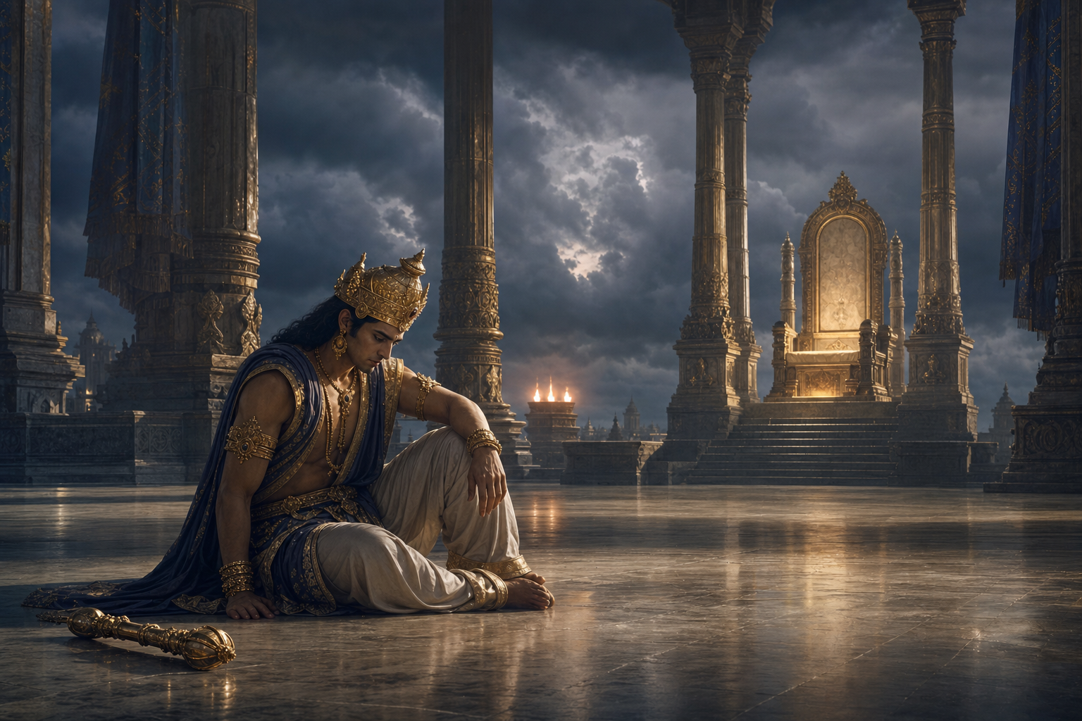 Indra sits beneath his empty golden throne, crown lowered and vajra set aside as storm clouds gather over the celestial court.