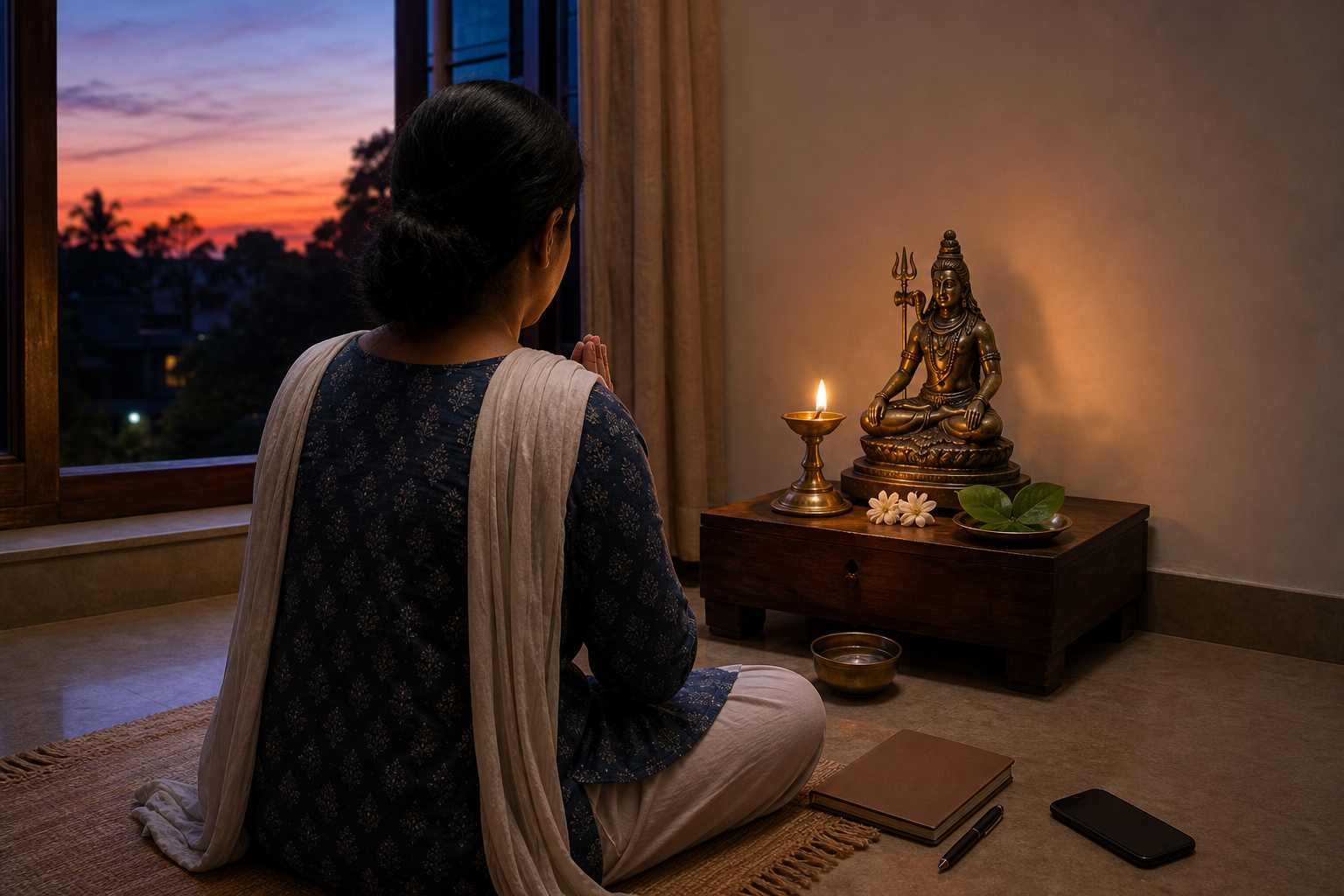 A devotee sits before a small home shrine with a brass lamp, water, bilva leaves, and flowers as twilight shows through a window.