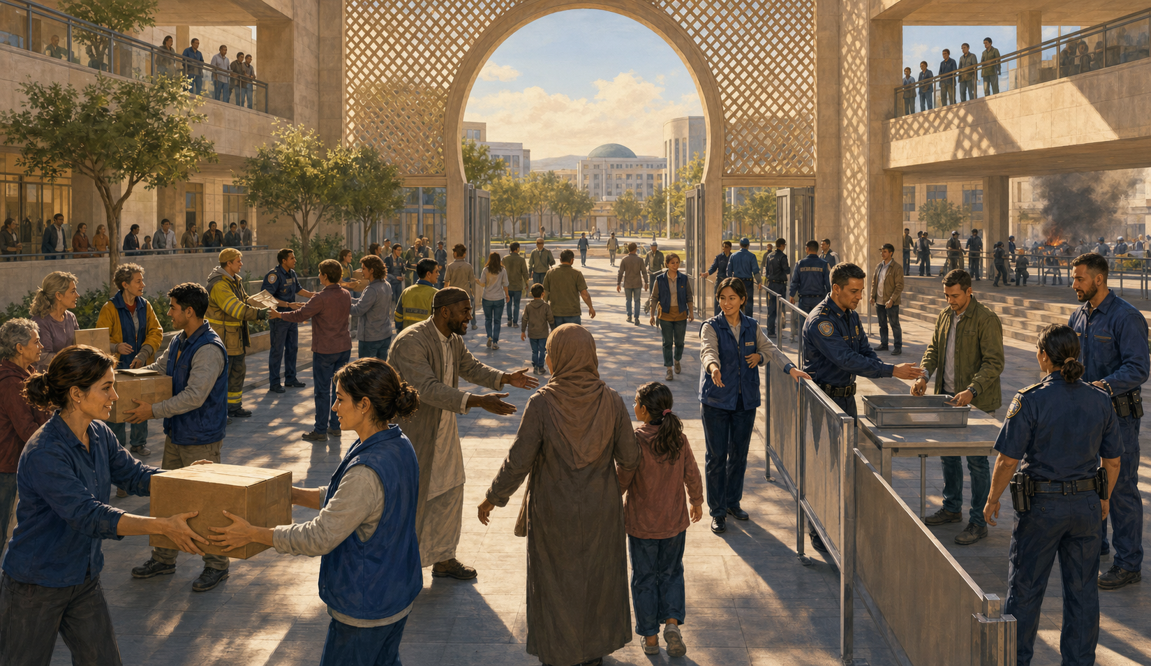 Residents and public officials cooperate in an open civic courtyard to move supplies and guide families through a temporary safety corridor.