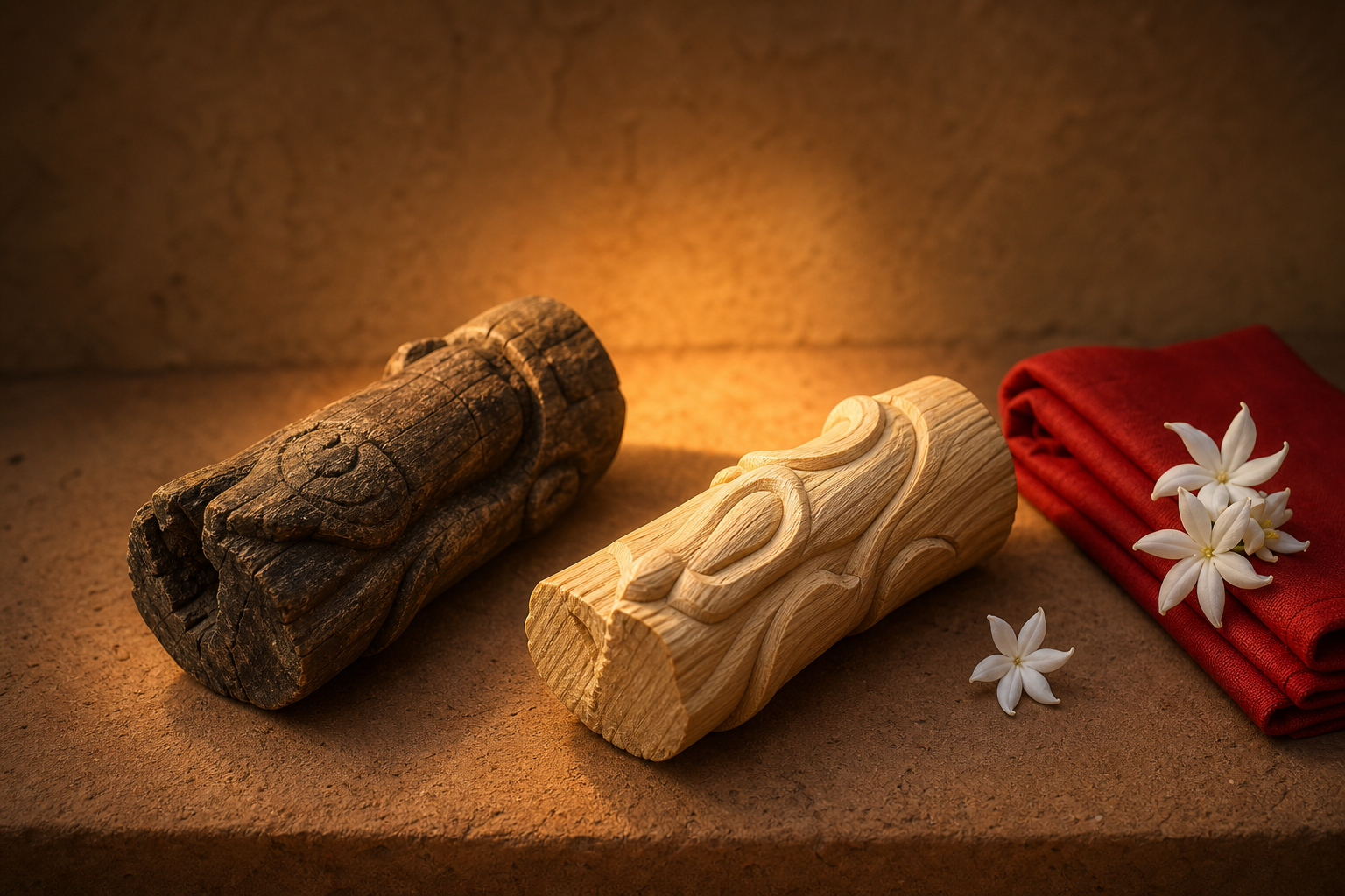 Weathered and freshly carved neem wood rest together on an earthen platform under one continuous pool of lamplight, beside folded cloth and white flowers.