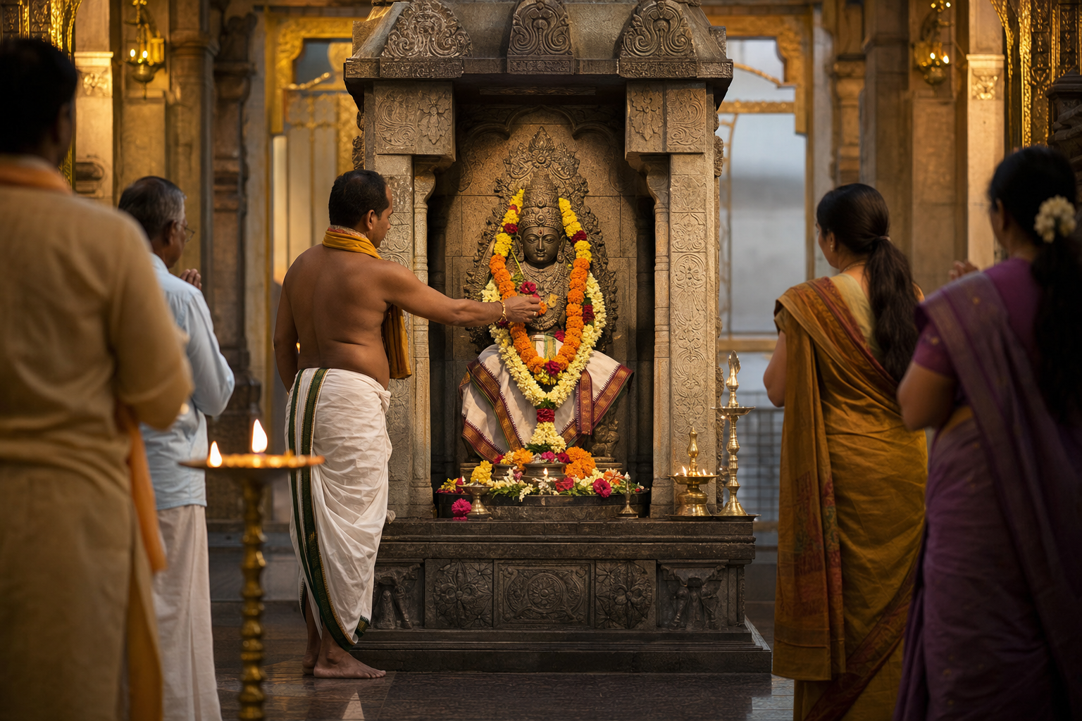 A temple attendant places flowers before a garlanded Hindu shrine as visitors stand quietly with folded hands.