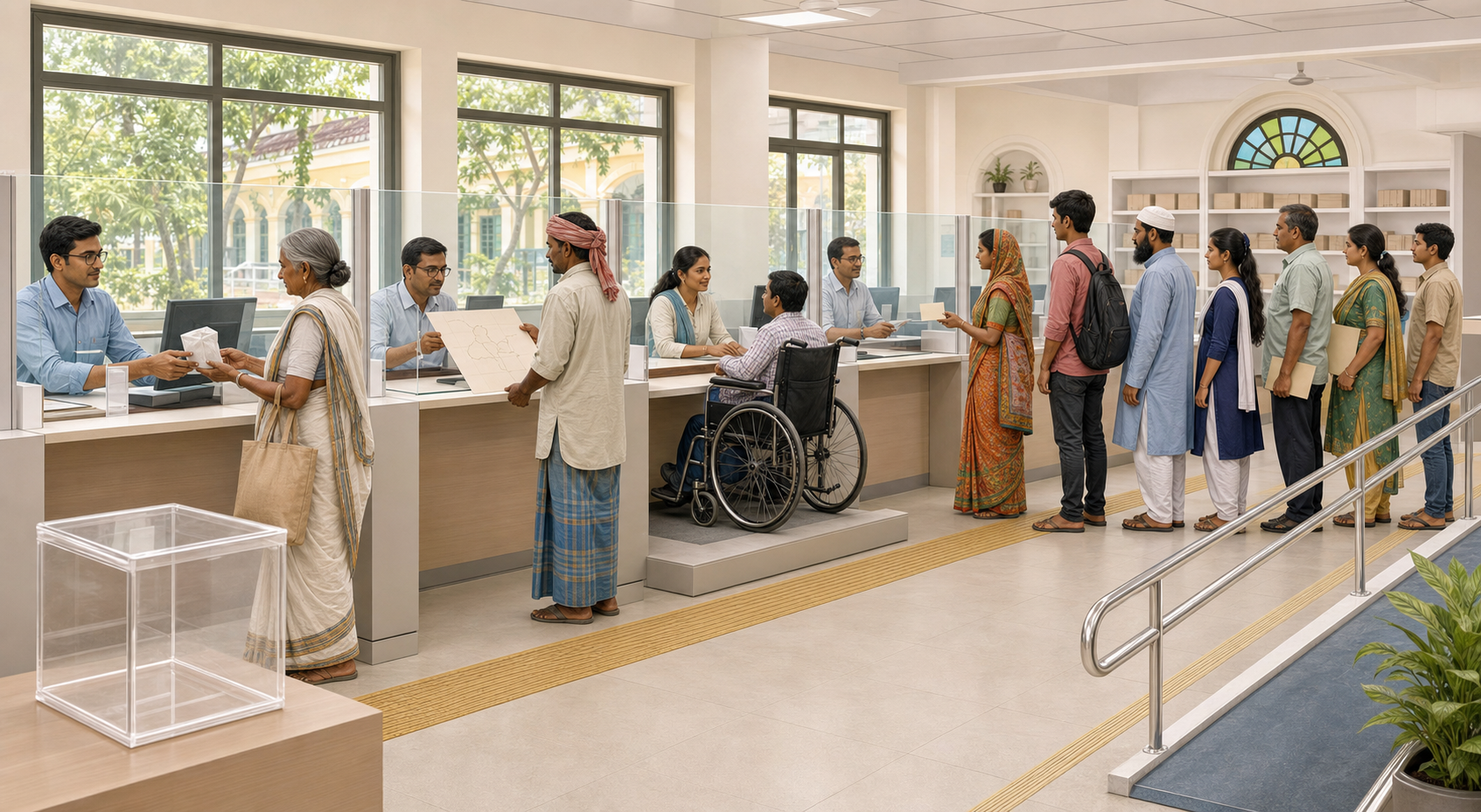 West Bengal residents use equal service counters in an accessible public office where civil servants provide documents, medicine, and assistance.