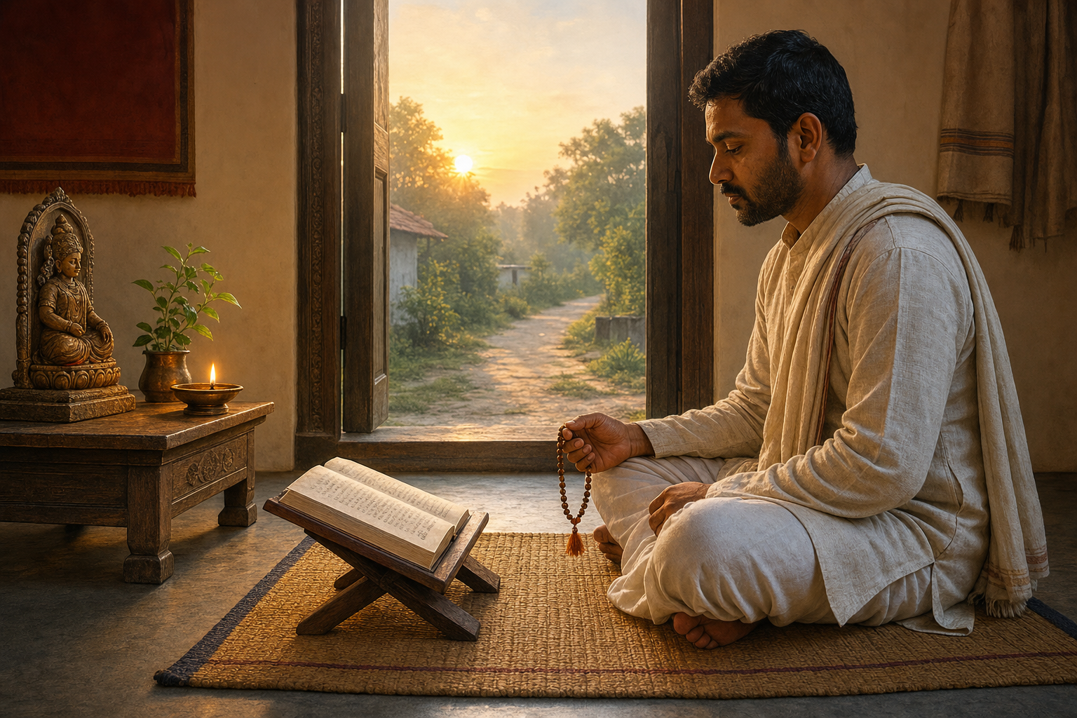 A practitioner meditates with prayer beads before an open scripture, an oil lamp, and a small home altar at dawn.
