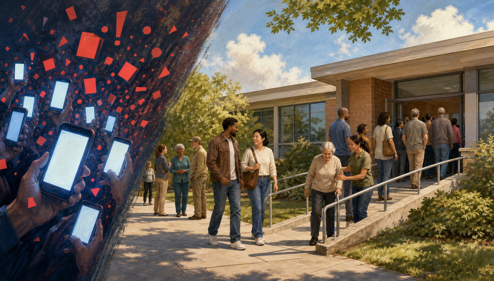 Glowing smartphones with abstract notifications contrast with diverse neighbors calmly waiting outside a polling place.