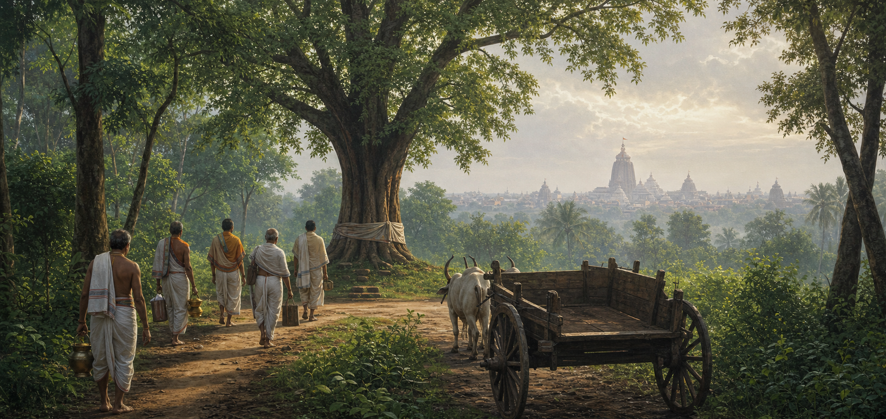 Temple servitors approach a neem tree in an Odisha grove while a wooden ox cart waits on the path and Puri appears in the distance.