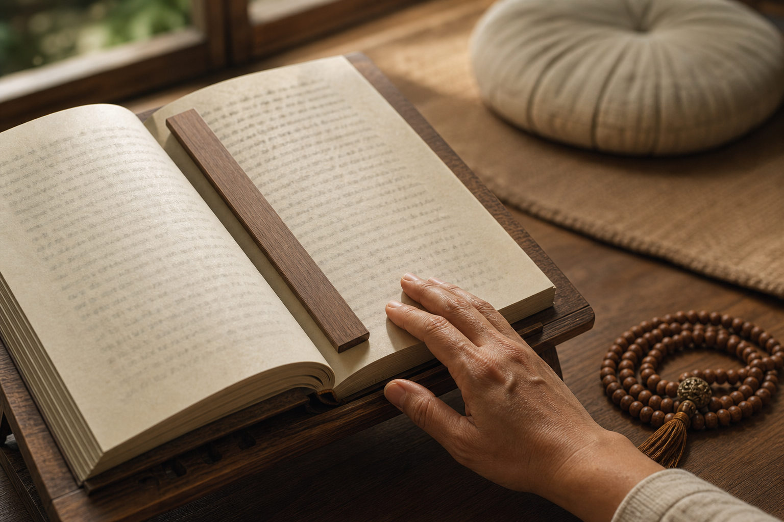 A hand pauses beside an open scripture, with prayer beads and a meditation cushion nearby.