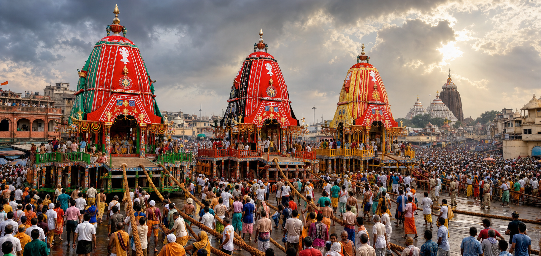Three traditional Rath Yatra chariots move along Puri's Grand Road as pilgrims gather beneath bright canopies and monsoon-lit clouds.