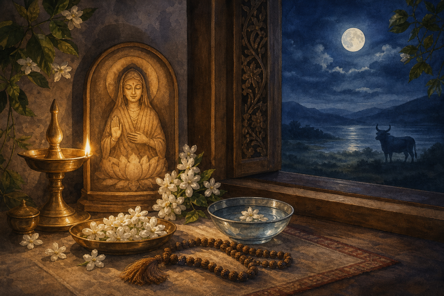 A moonlit devotional altar with an oil lamp, jasmine flowers, prayer beads, and a distant bull silhouette.