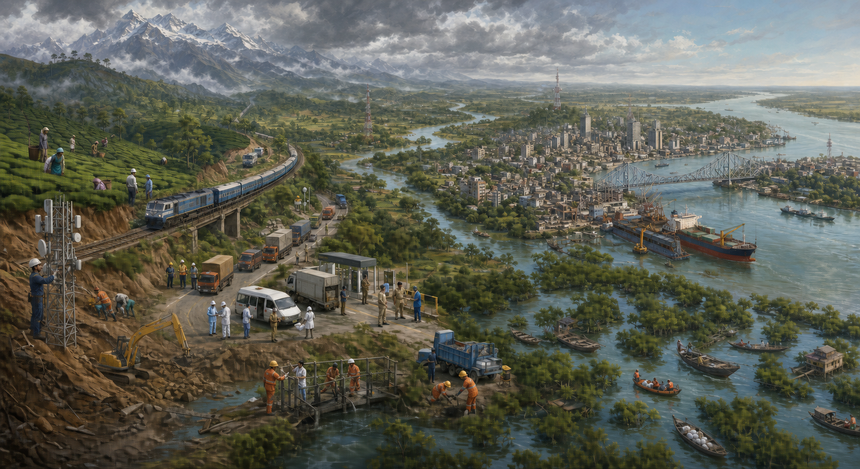An illustrated north-to-south view of West Bengal connects Himalayan hills, transport corridors, Kolkata, a river port, and the Sundarbans delta.