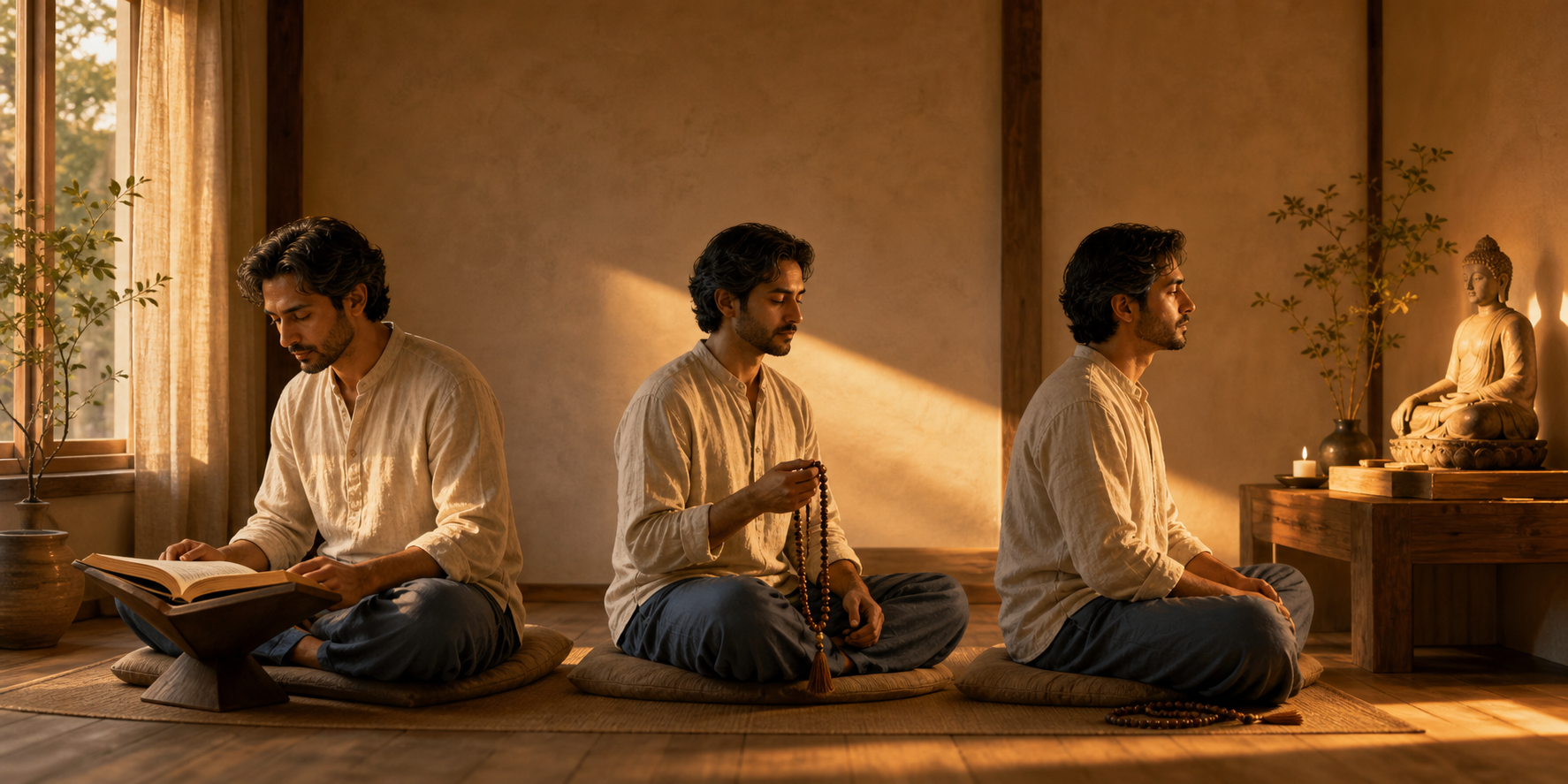 One practitioner is shown reading scripture, using prayer beads, and resting in quiet devotional attention during a seated practice.