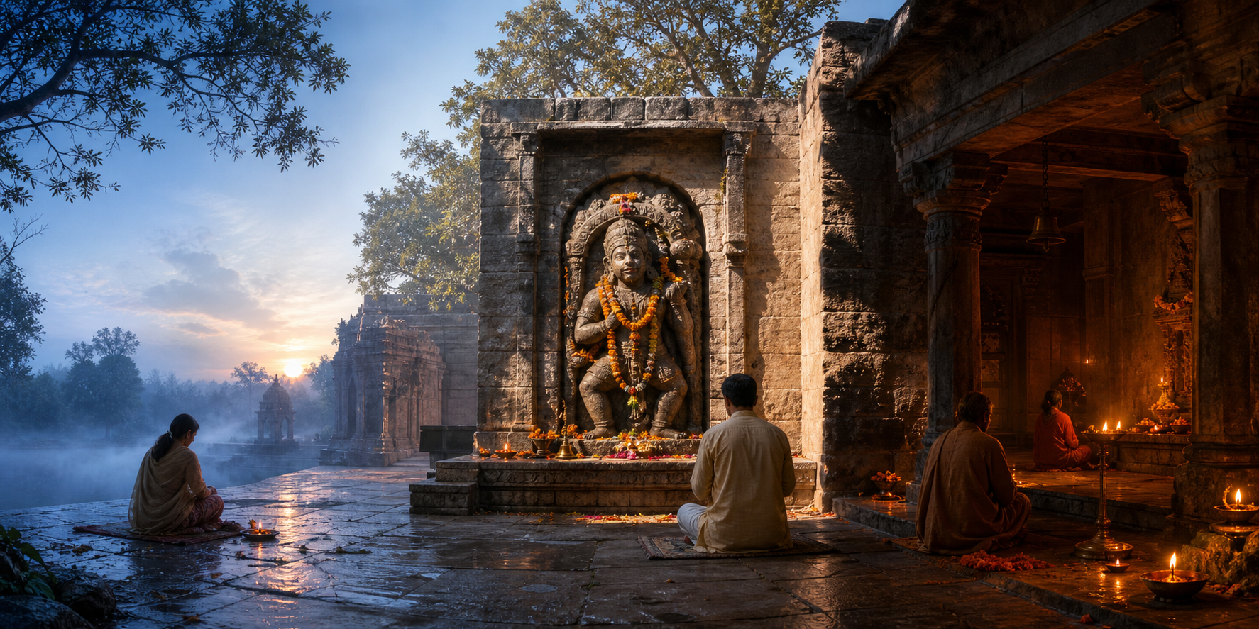 A Hanuman shrine shown across dawn, midday, and lamp-lit evening, with devotees praying before the stone murti.